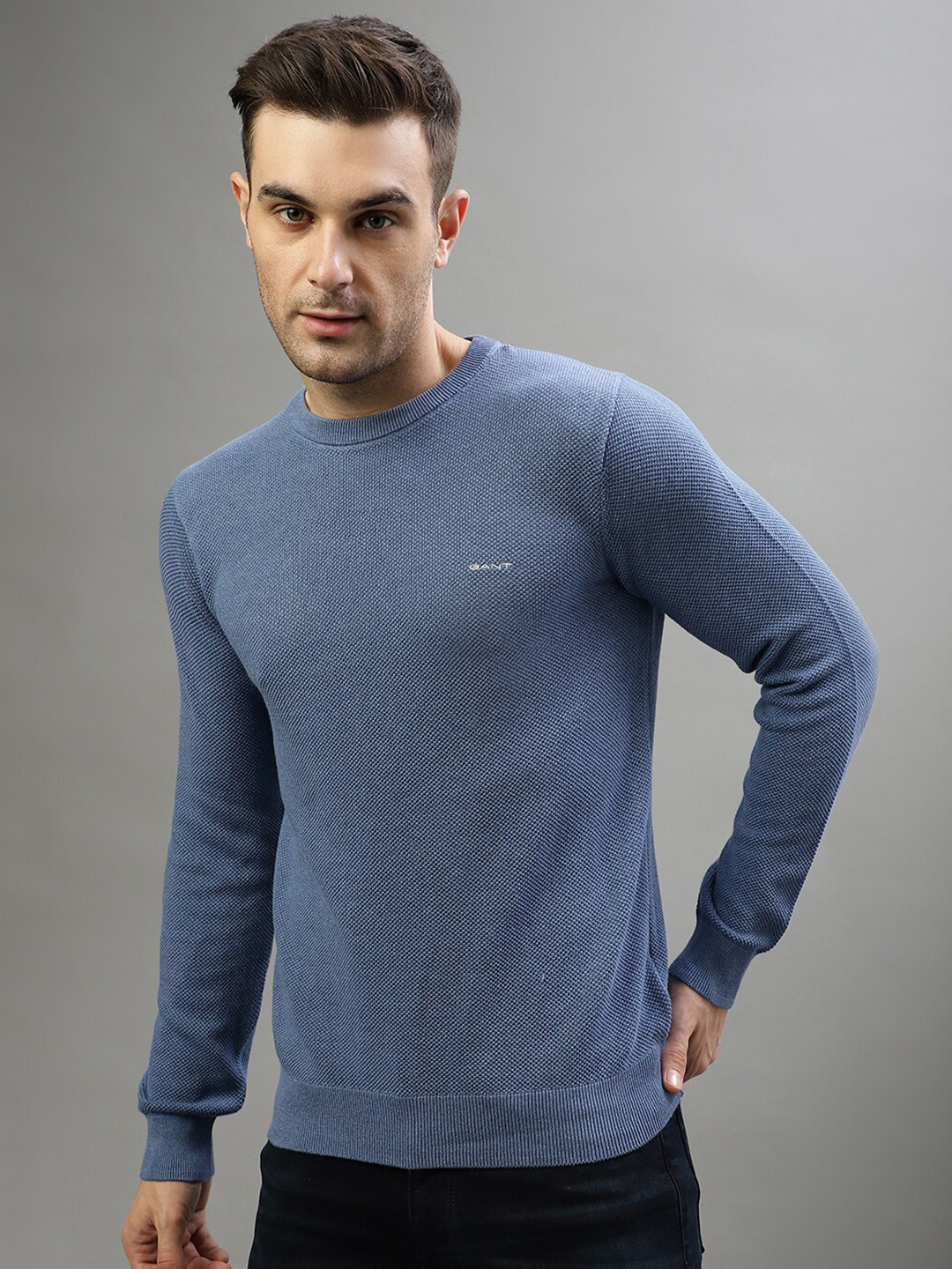 Gant Men Blue Solid Round Neck Sweater
