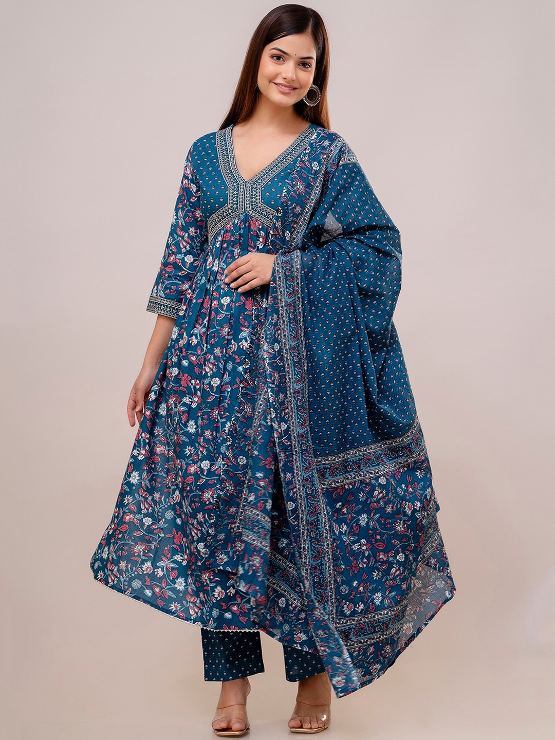 Buy Anouk Navy Blue Floral Printed Sequinned Pure Cotton A Line Kurta ...