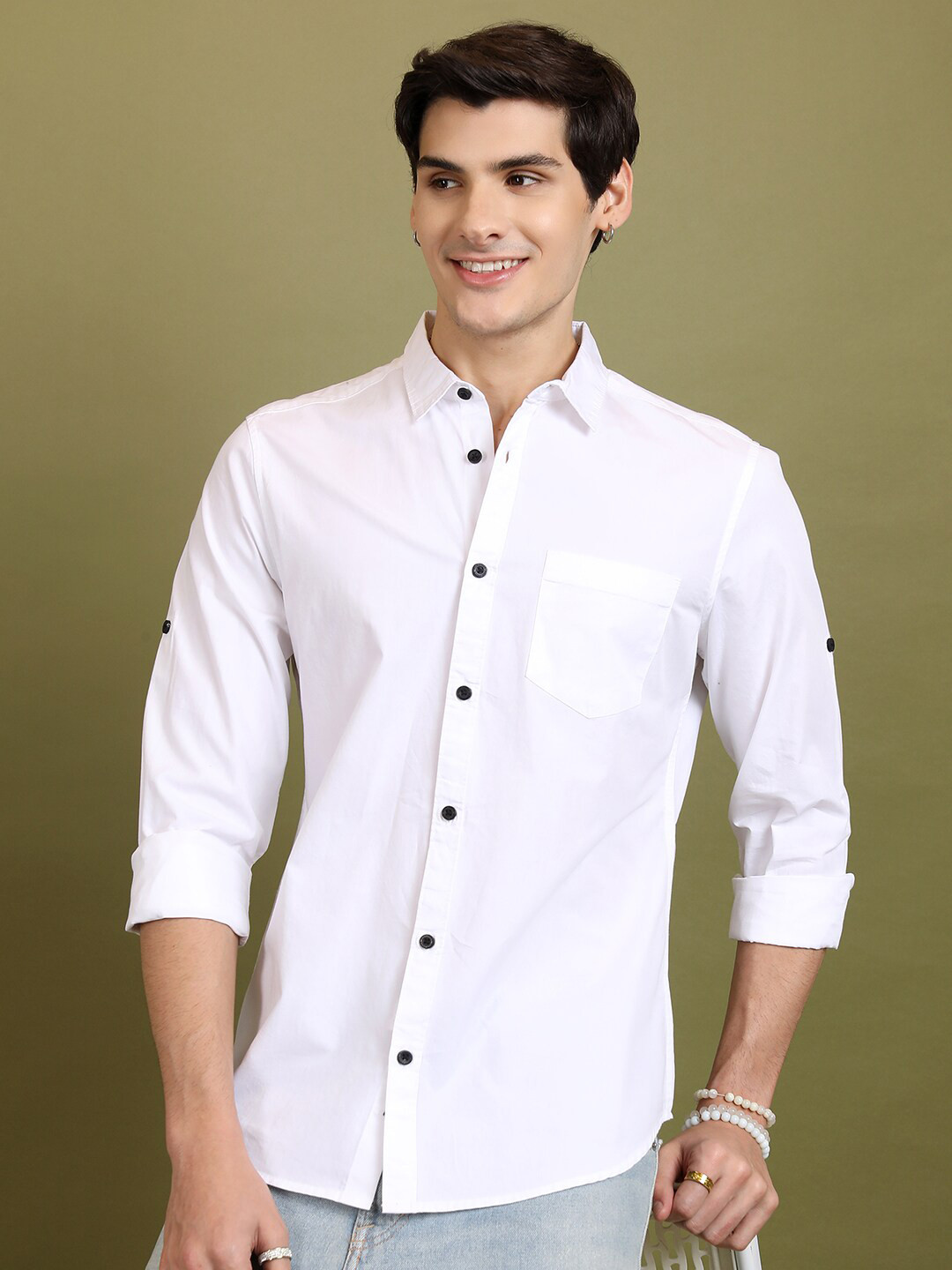 Men's White Premium Spread Collar Colour blocked Cotton Slim Fit Casual Shirt