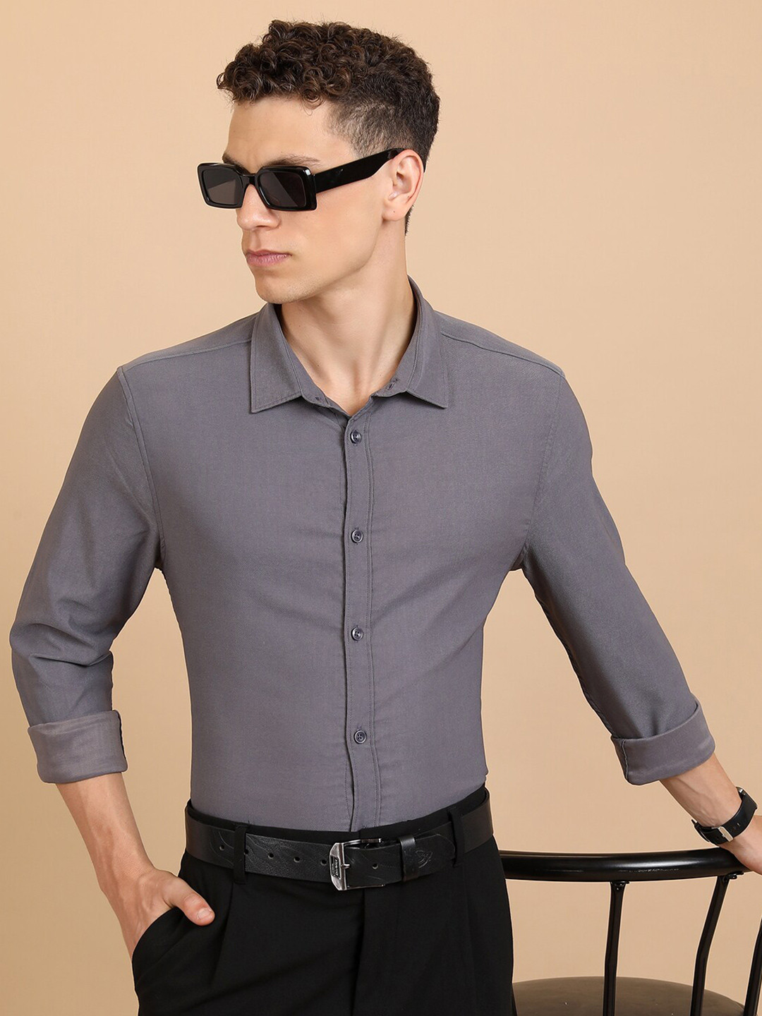 Men's Classic Fit Grey Spread Collar Dress Shirt main image 1
