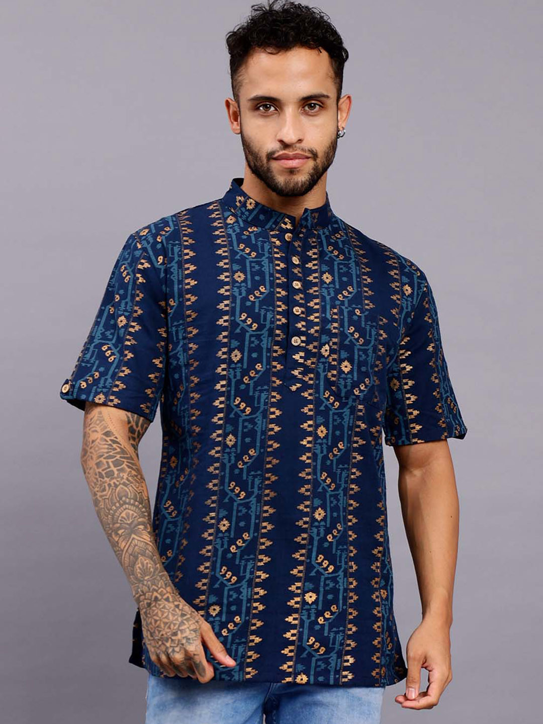 Men’s Cotton Printed Short Kurta with Mandarin Collar – Casual & Festive Wear
