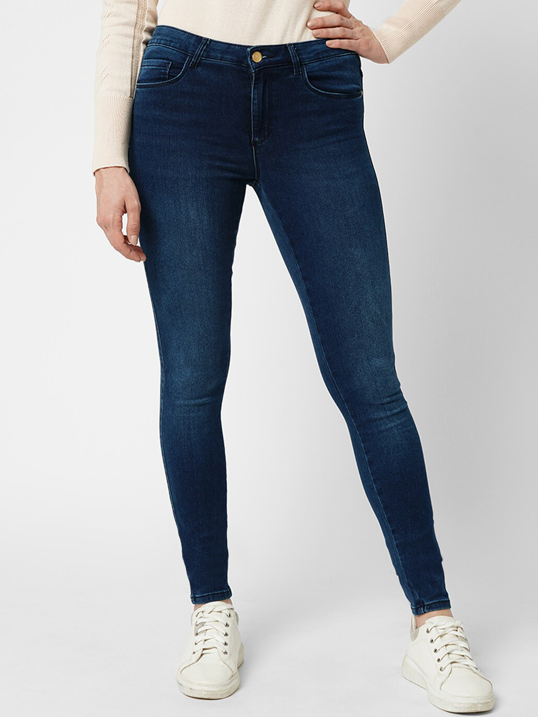 Women's Blue Skinny Fit High-Rise Low Distress Light Fade Stretchable Jeans