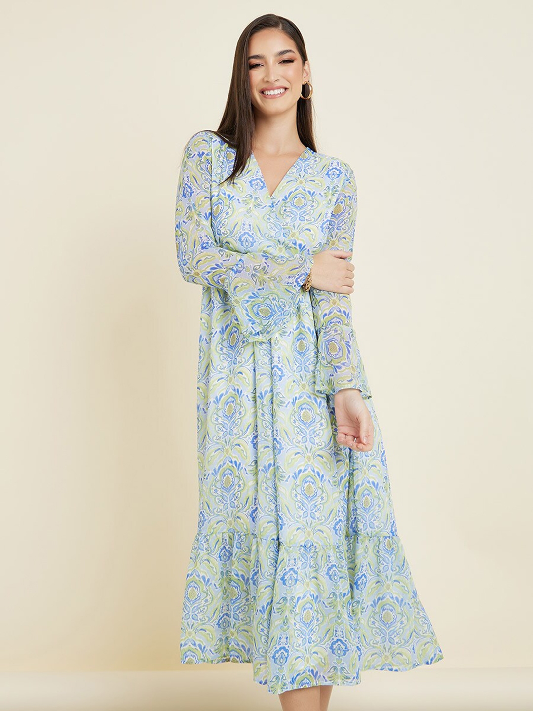 Buy Styli Green & Blue Floral Printed Bell Sleeves V Neck Flounce Midi ...