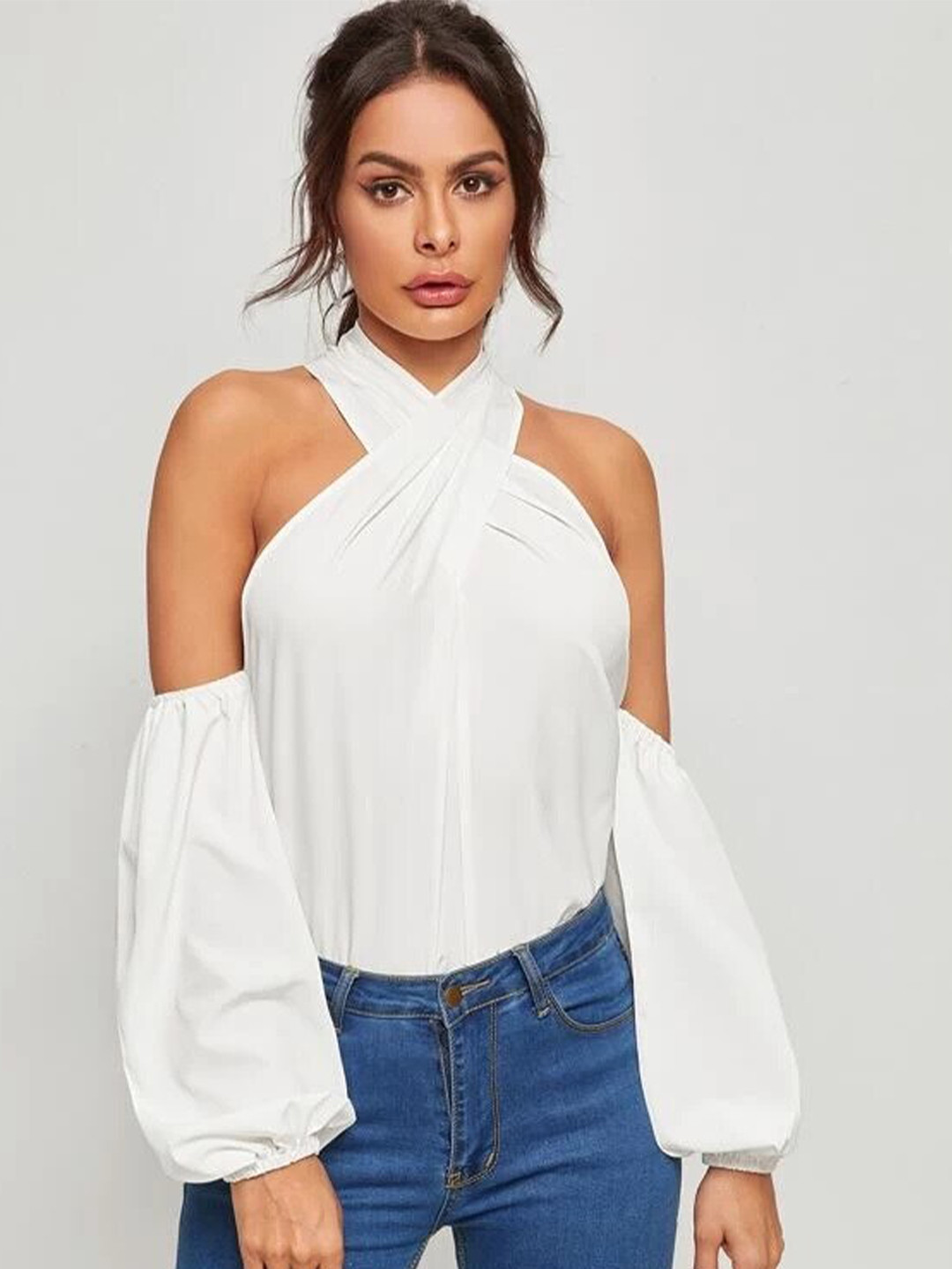 Draped Halter Neck Cold Shoulder Top