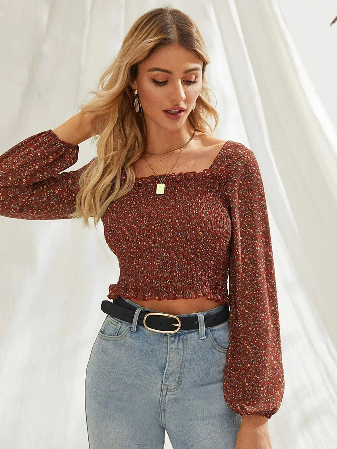 Printed Square Neck Smocked main image 0