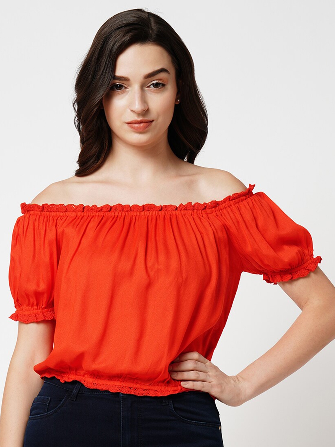Buy ONLY Off Shoulder Puff Sleeves Gathered Crop Bardot Top - Tops for