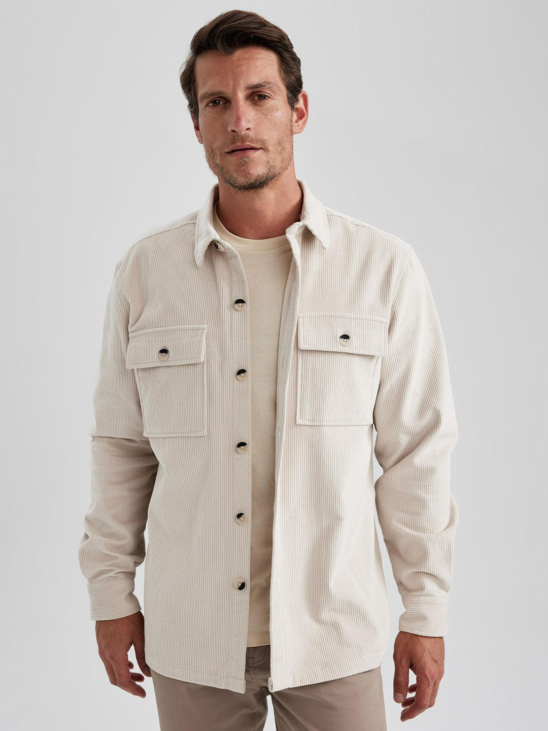 Buy DeFacto Flap Pocket Spread Collar Casual Pure Cotton Shacket ...