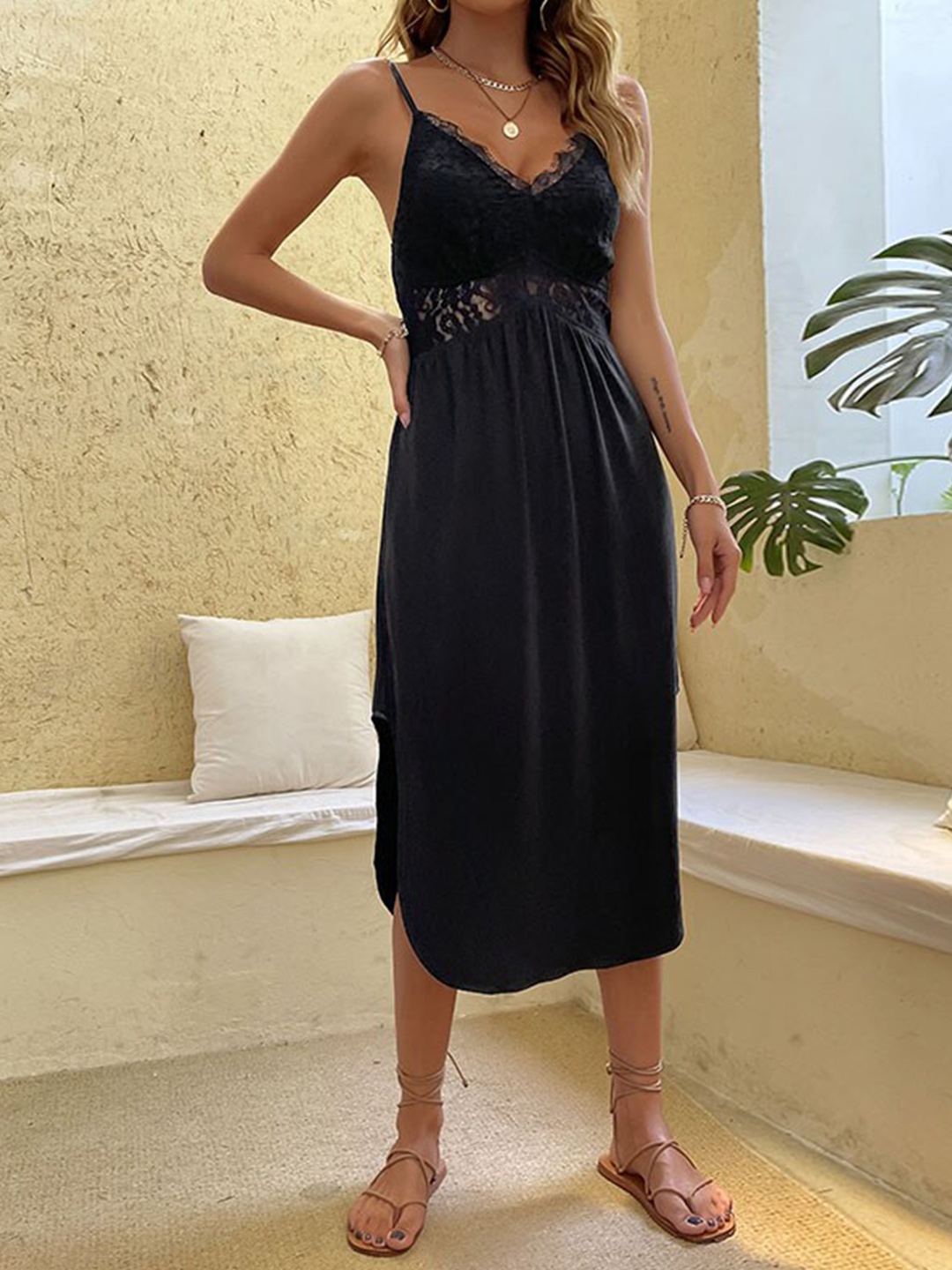 Buy StyleCast Black Shoulder Straps Lace Inserts Empire Midi Dress ...