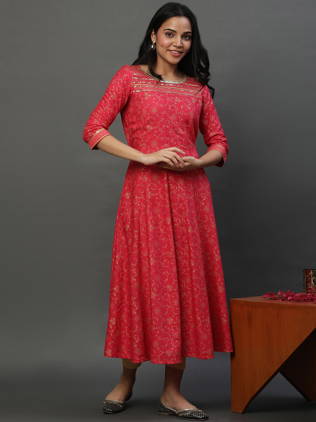 Women's Anarkali Beige Floral Kurta