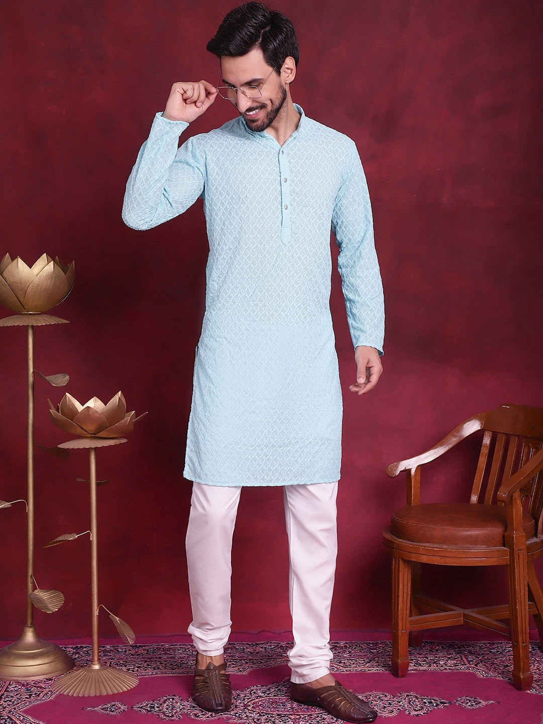 Buy Jompers Mandarin Collar Chikankari Pure Cotton Kurta With Churidar