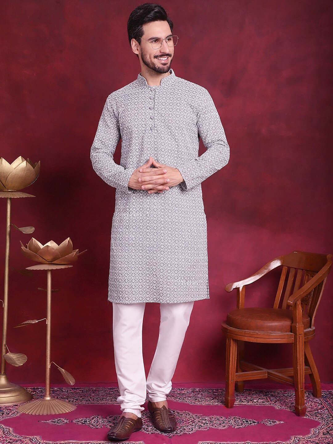 Men White Chikankari Embroidered And Sequence Kurta With Churidar
