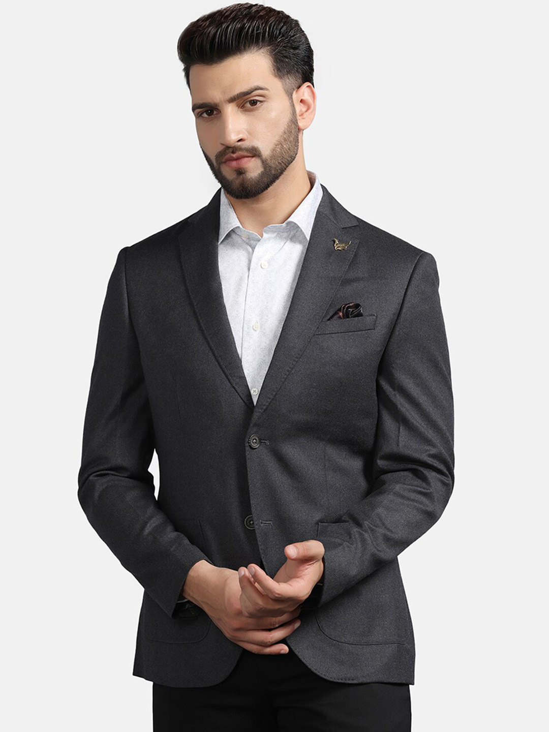Men's Grey Notched Lapel Collar Single-Breasted Slim-Fit Blazer main image 0