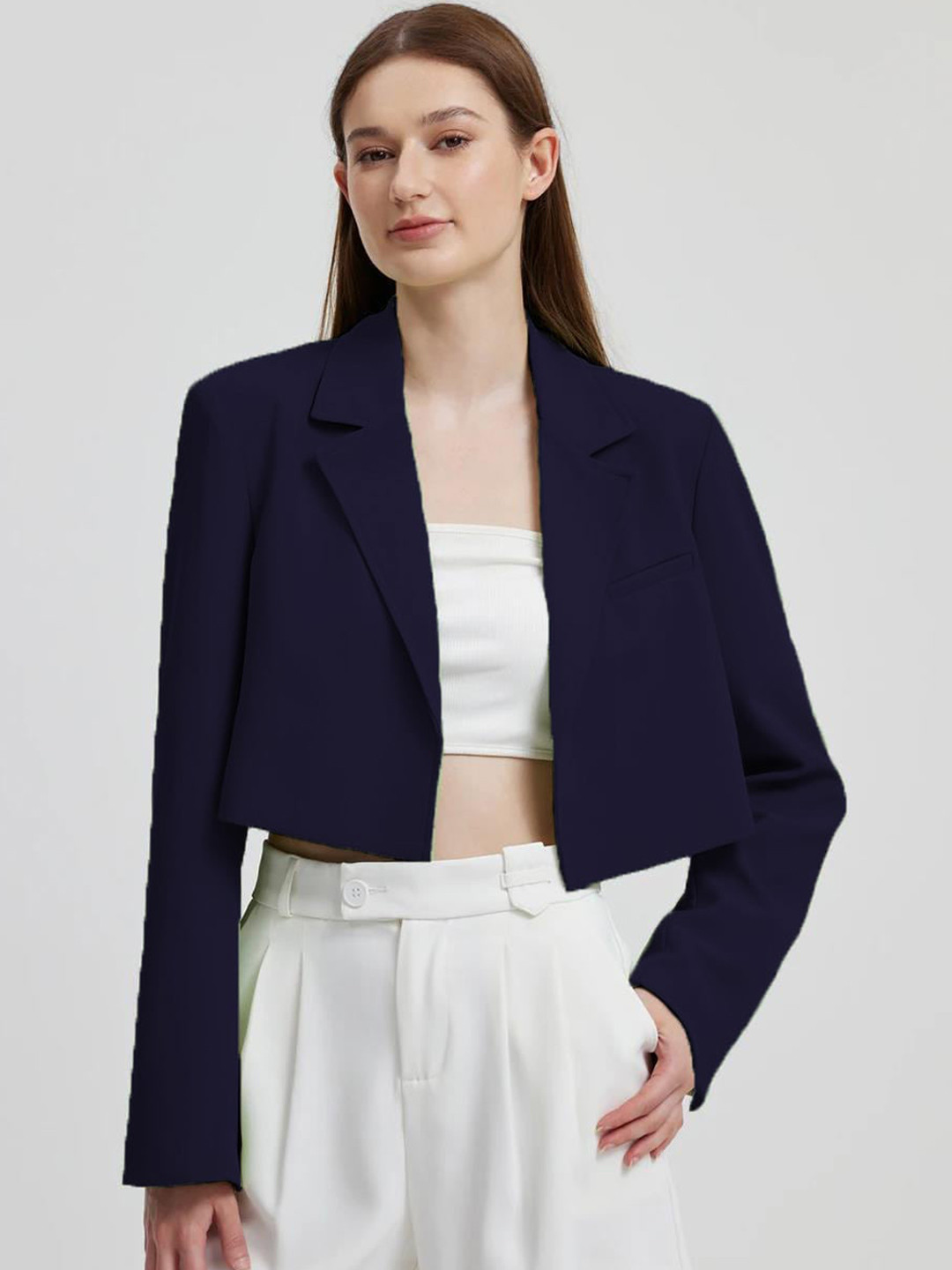 Women Ice Blue Notch Collar Crop Blazer With Short Skirt