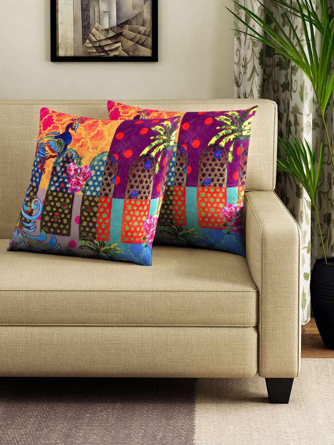 Buy HOUZZCODE Multicoloured Printed Set Of 2 Square Cushion Covers