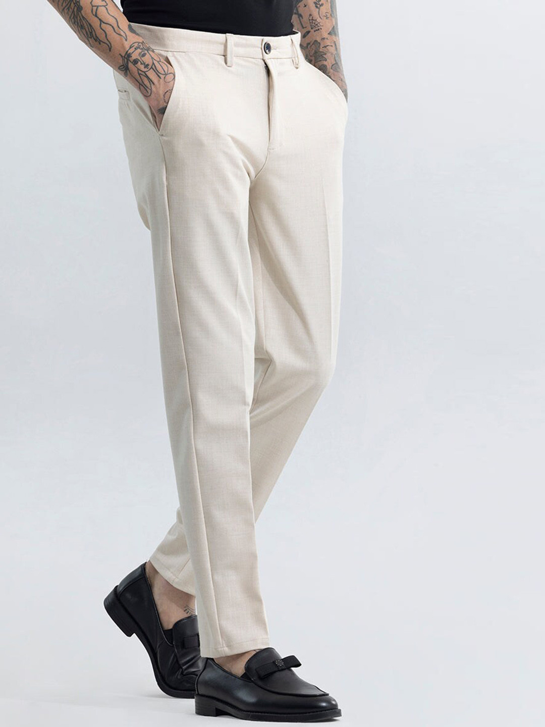 Men'S Cream Cotton Checked Formal Trousers