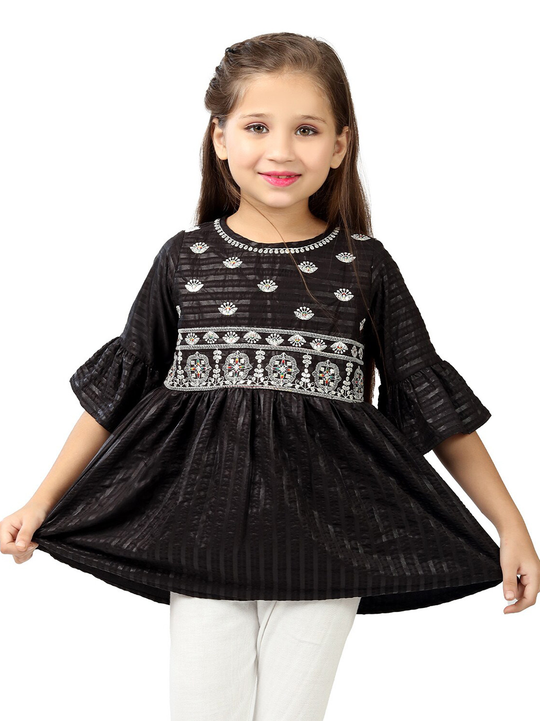 Girls Beige Embroidered Frock Style Kurti with Printed Trouser Set – Elegant Casual Wear