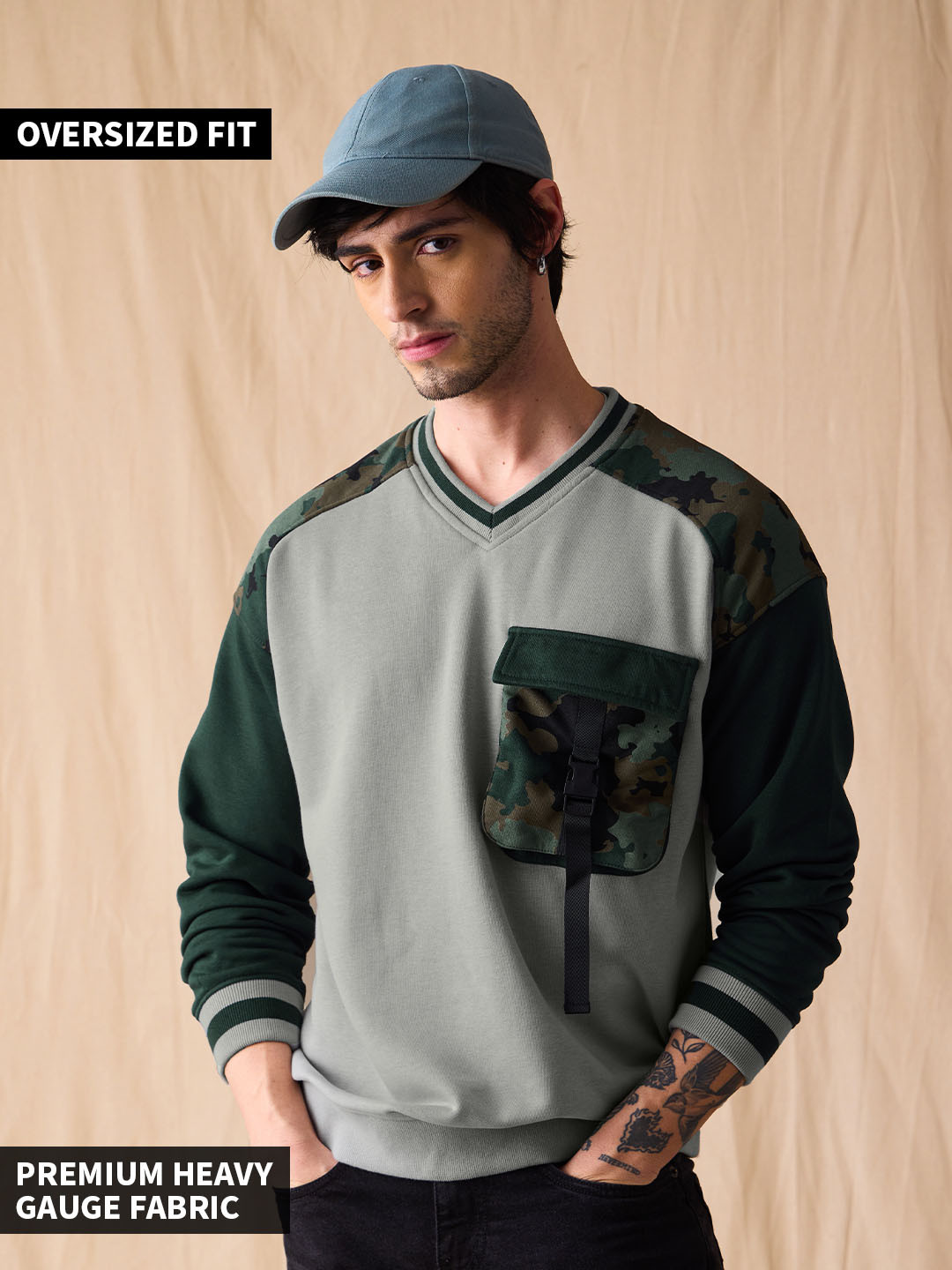Men's Navy Blue Camouflage Printed Round Neck Cotton Sweatshirt