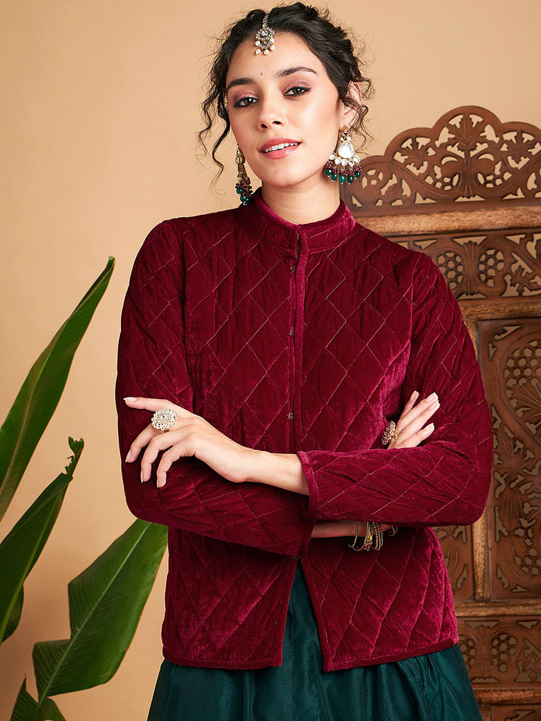 Buy Shae By SASSAFRAS Maroon Mandarin Collar Quilted Jacket Jackets