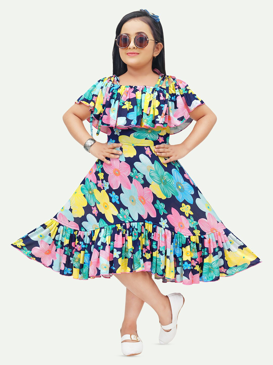 Girls Floral Print Flared Sleeve Fit and Flare Frock Dress