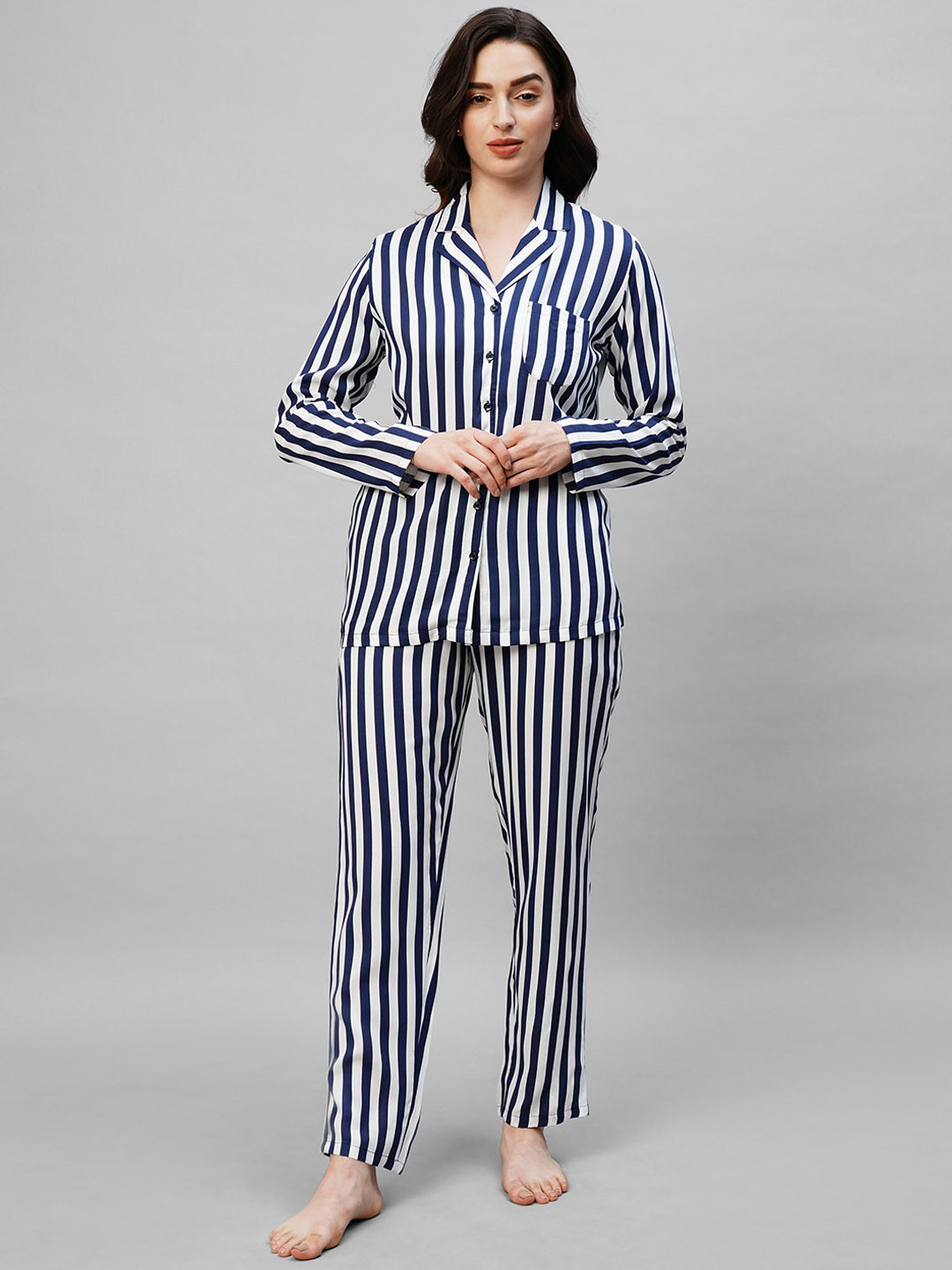 Womens Light Green Striped Night Suit