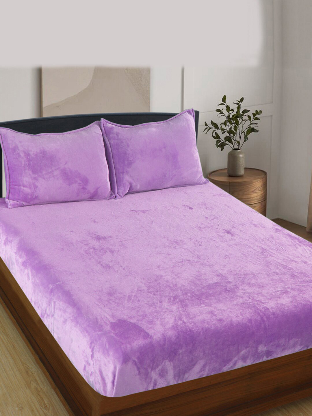 Buy Nendle Lavender Coloured Woollen 400 TC King Bedsheet With 2 Pillow