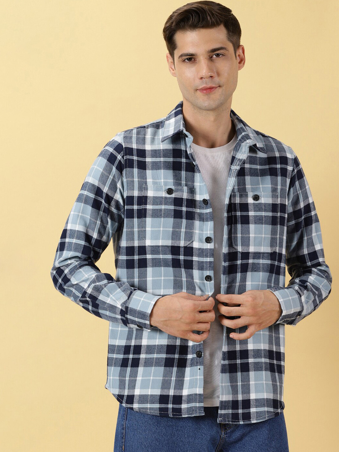 Men's Navy Blue Standard Slim Fit Tartan Checked Spread Collar Twill Weave Cotton Shirt