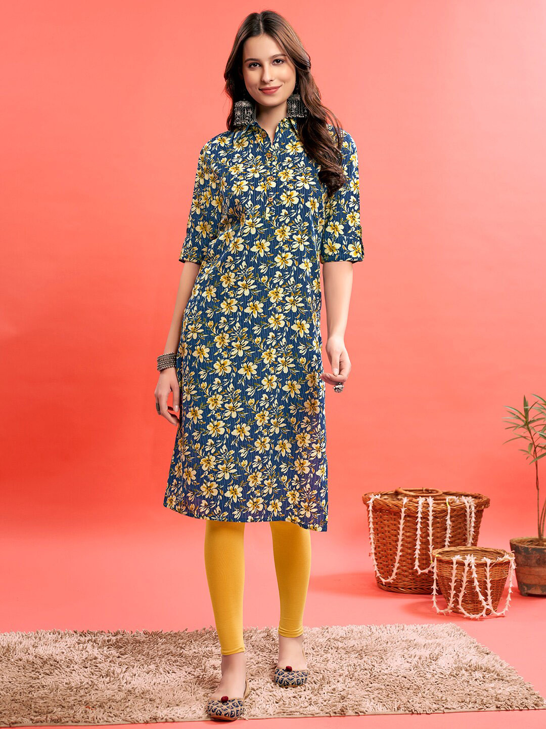 Buy Anouk Blue Floral Printed Shirt Collar Pure Cotton Straight Kurta
