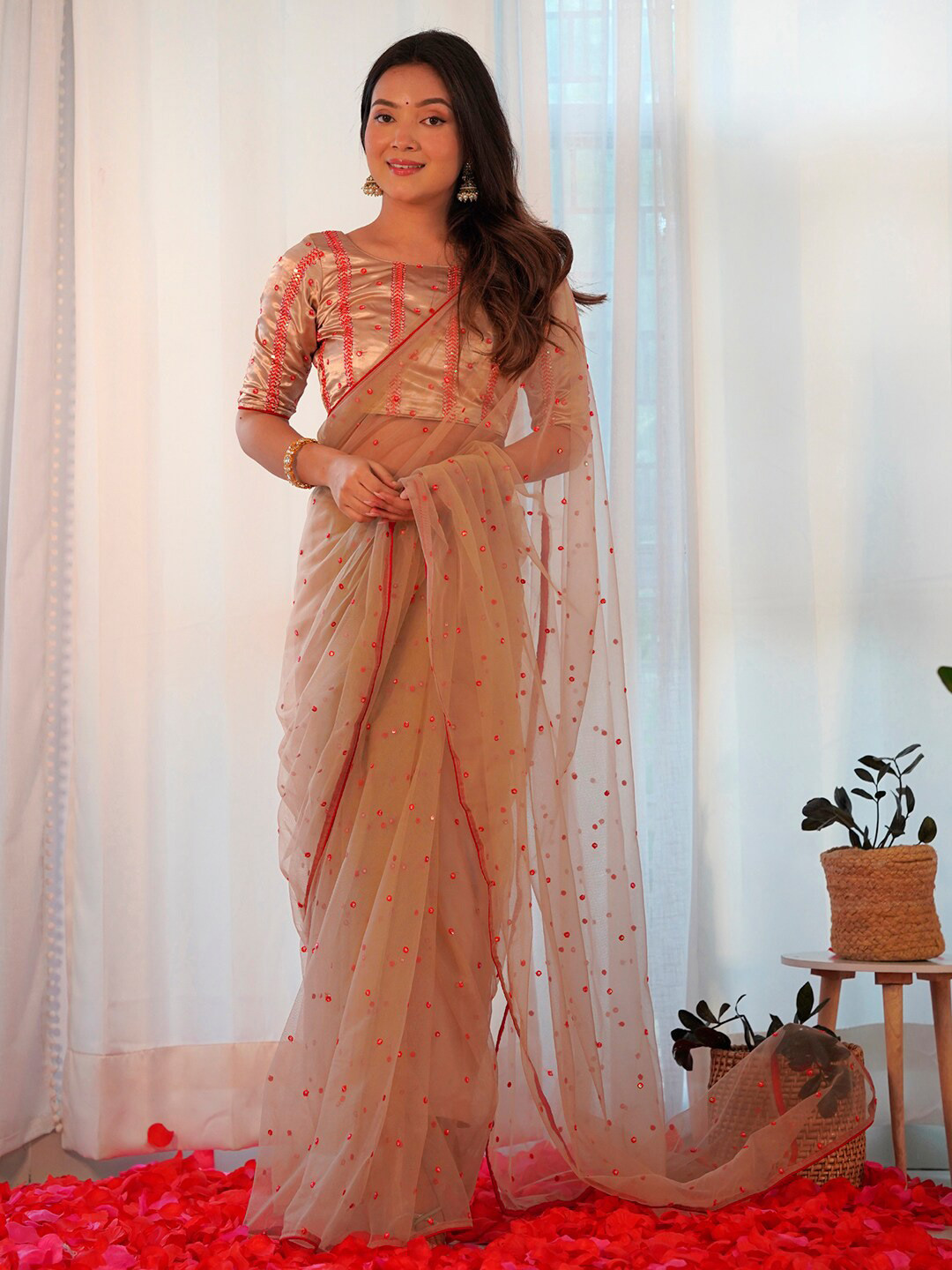Ethnic Motifs Sequinned Embroidered Net Saree main image 0