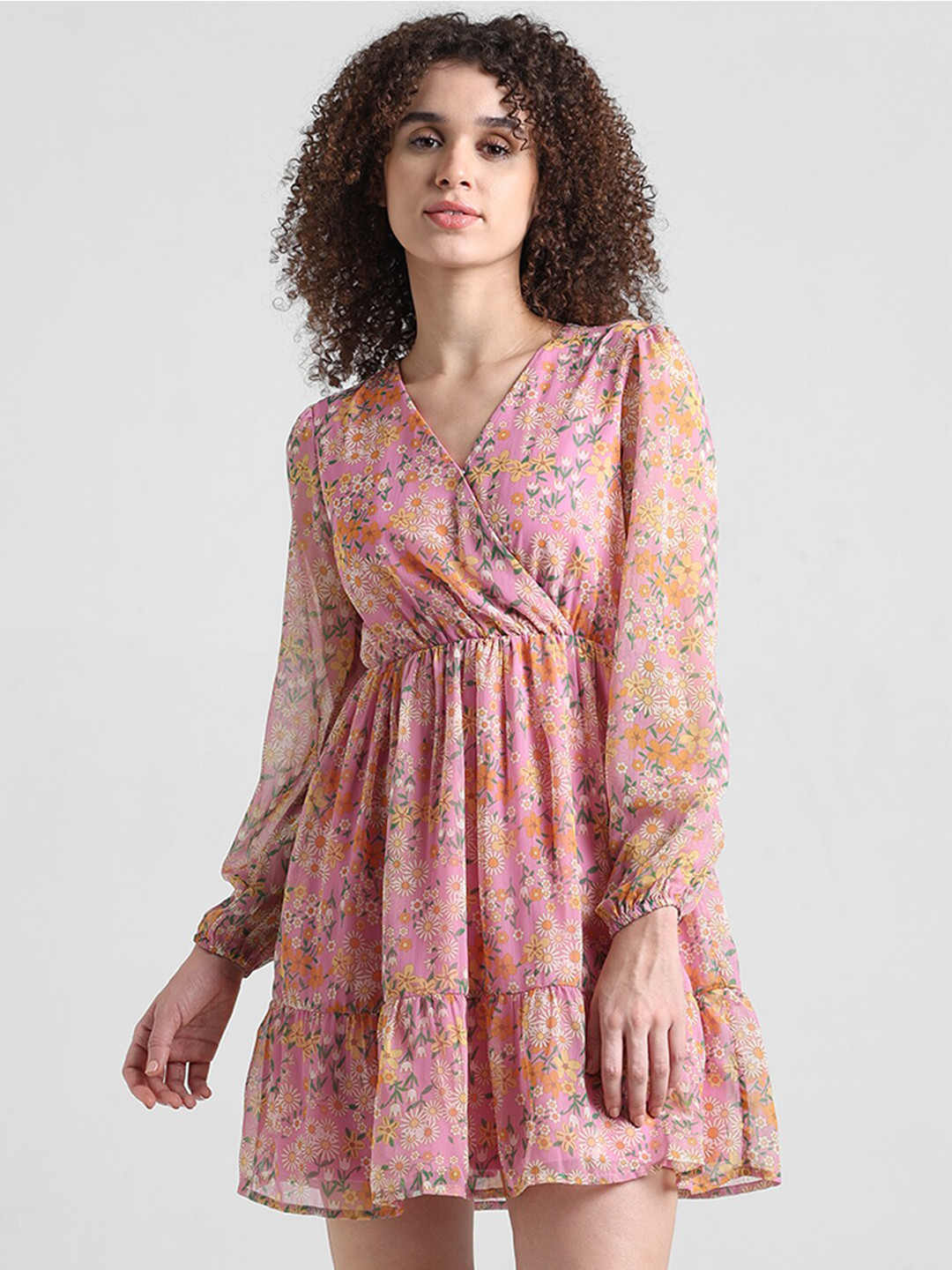 Women's Pink Floral Chiffon Fit & Flare Dress