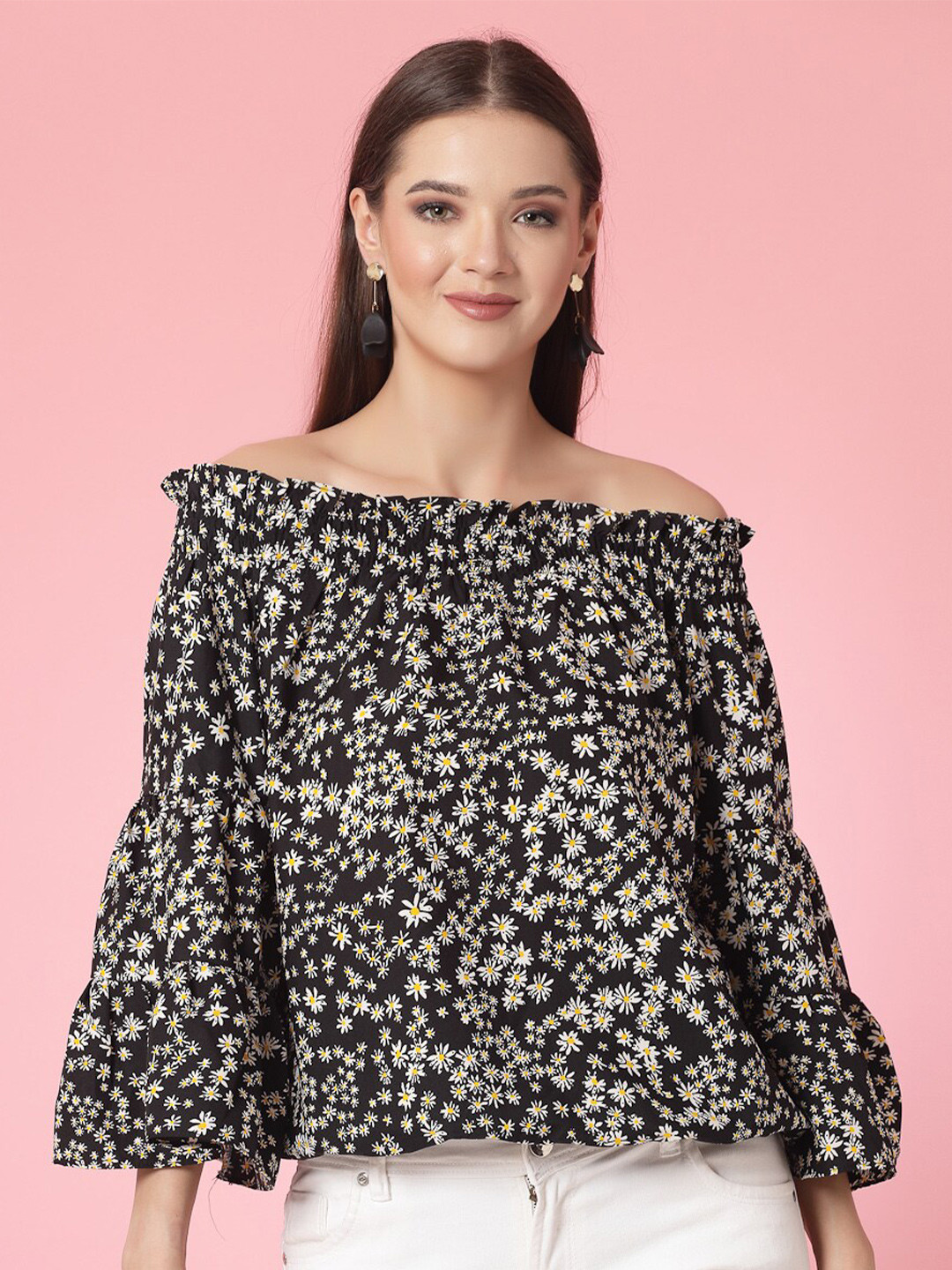 Women's Green Floral Printed Off-Shoulder Bell Sleeve Smocked Crepe Bardot Crop Top