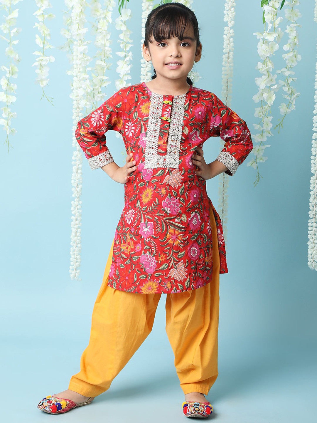 Red - Girls Bagh Block Print Pure Cotton Kurta Set (2-6 Years) 18