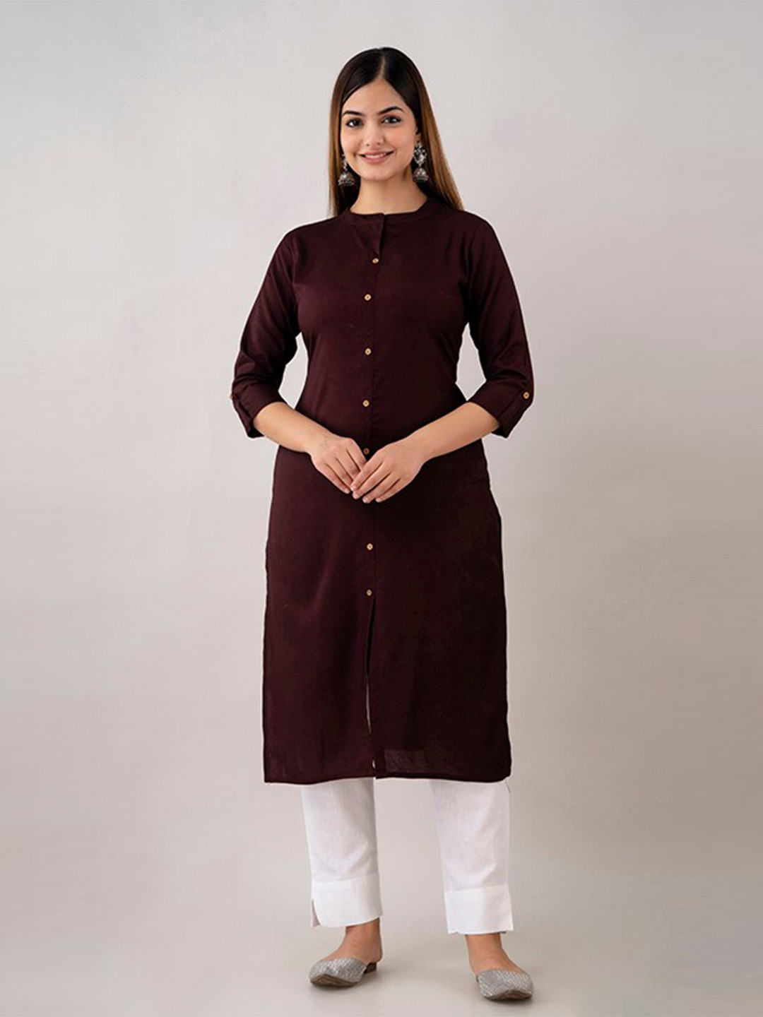 Women's Maroon Mandarin Collar Straight Kurta