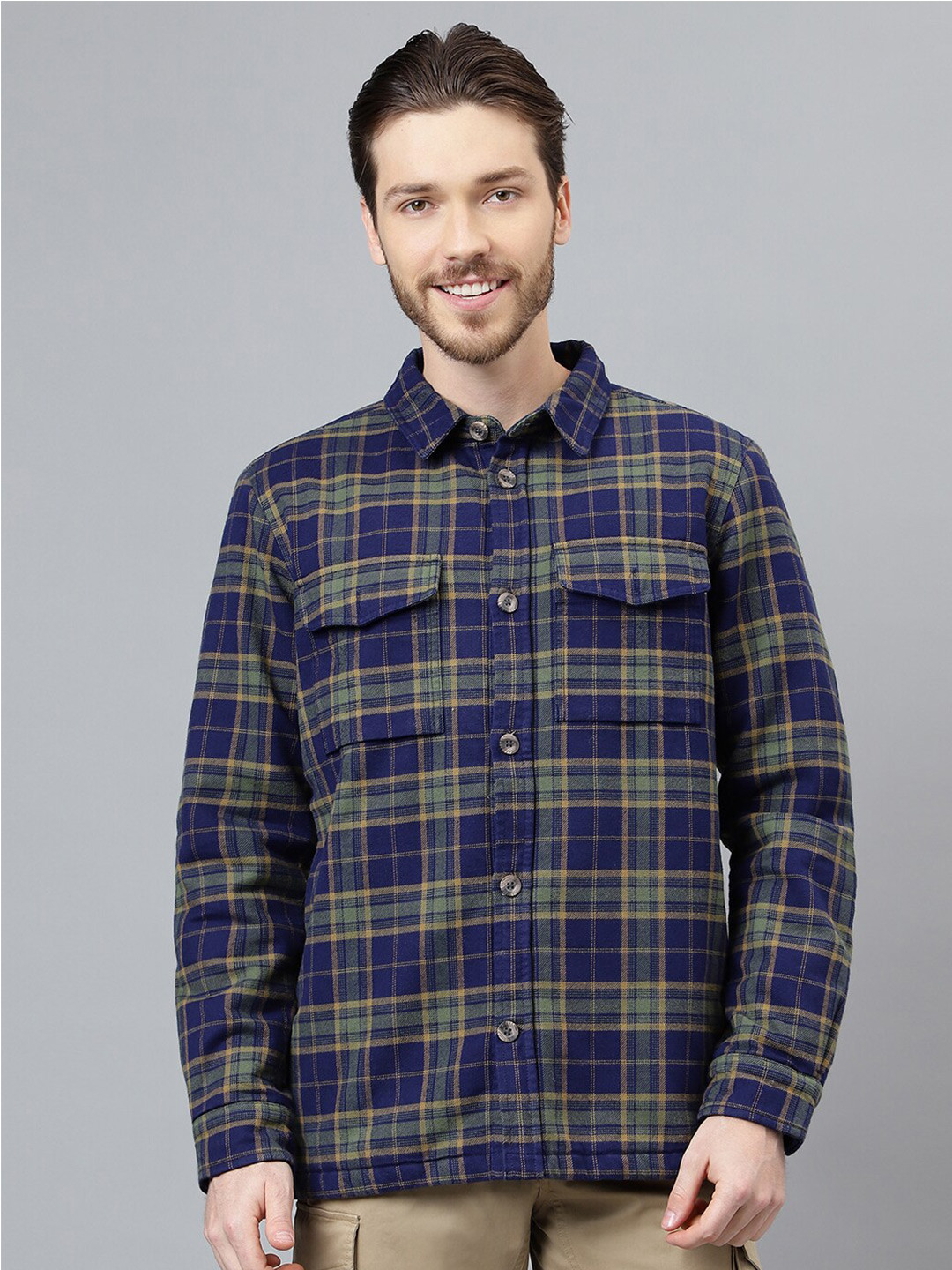 Men's Olive Size Tartan Checks Cotton Casual Shirt