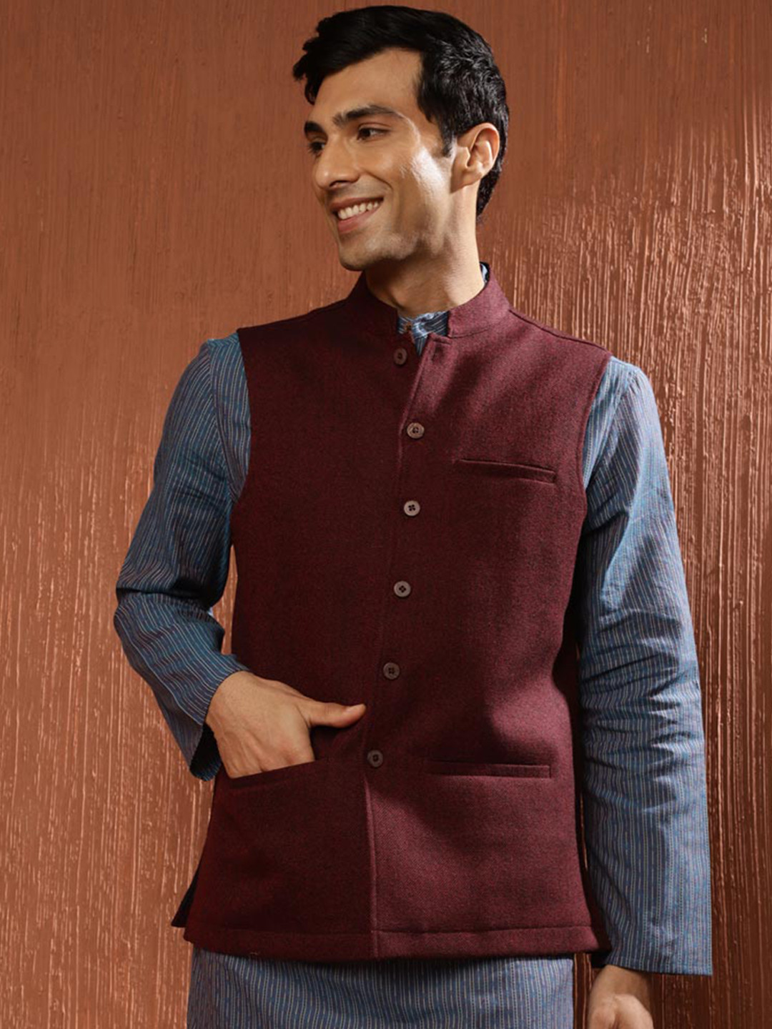 Meher Maroon and Black Handwoven Woollen Overlay Sleeveless Jacket main image 0