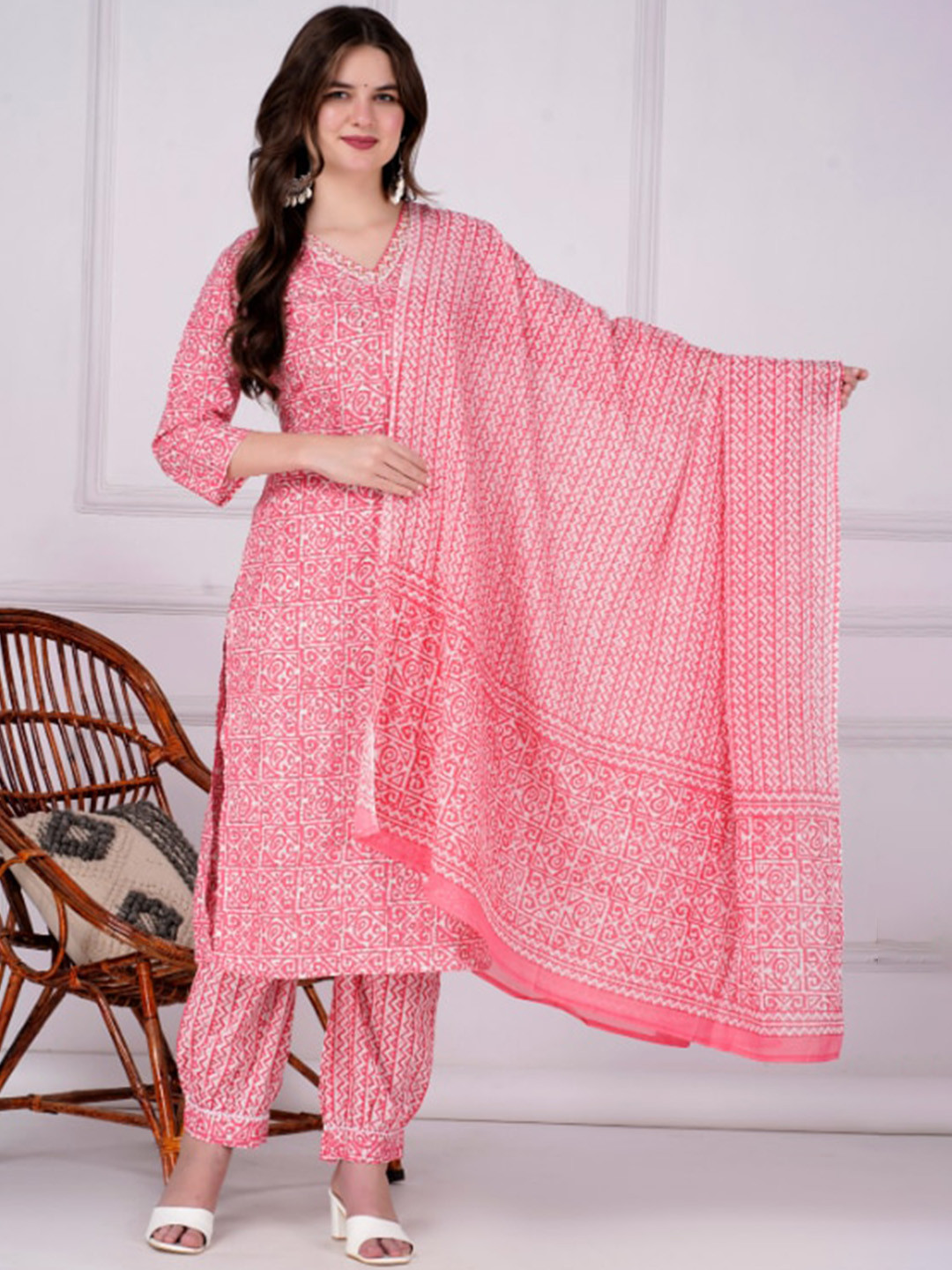 Nautinati Girls Halter Neck Mirror Lace Top and Printed Patiala Pants with Net Dupatta main image 0