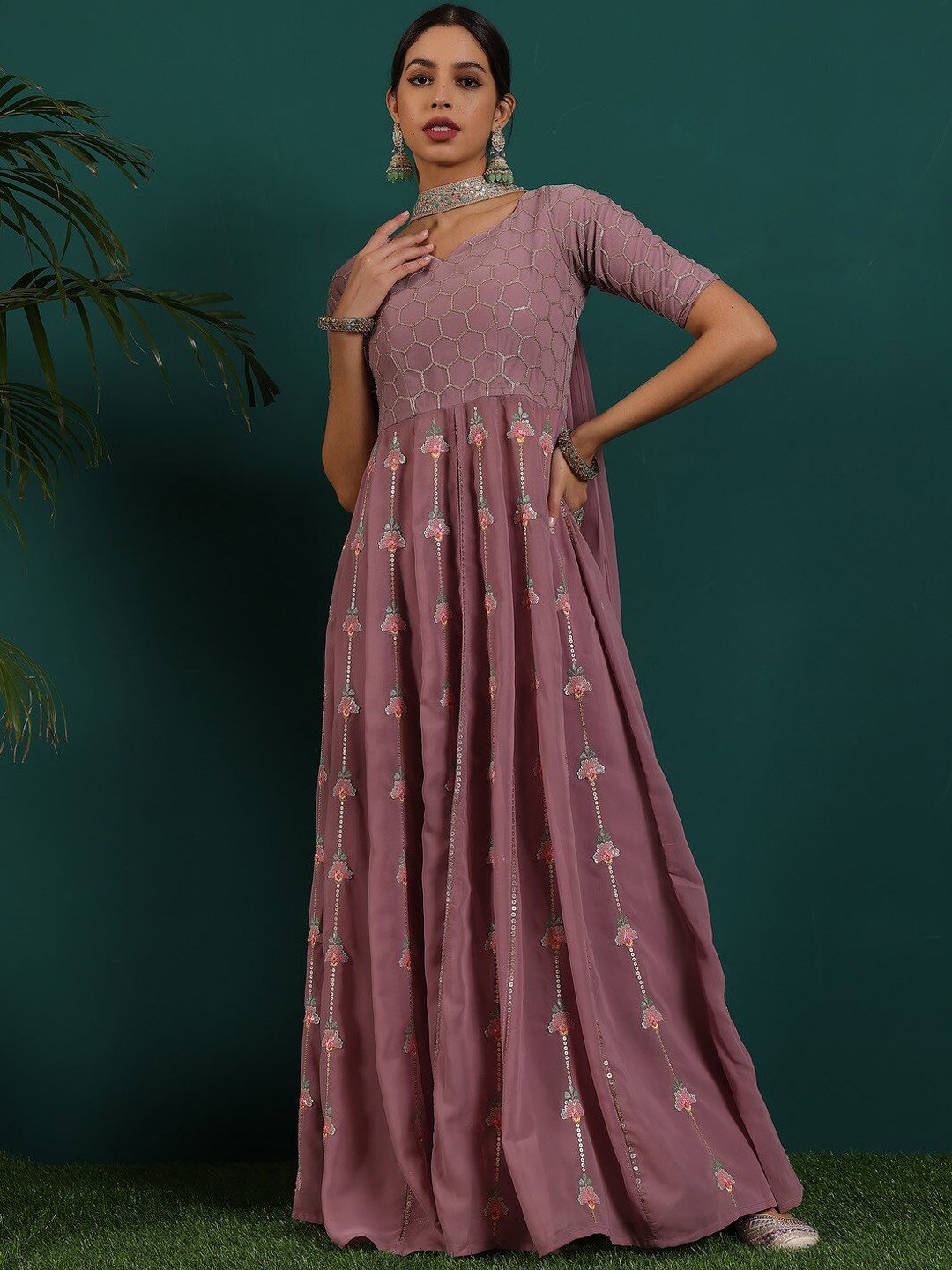 Floral Embroidered High Slit Sequinned A-Line Kurta with Palazzos
