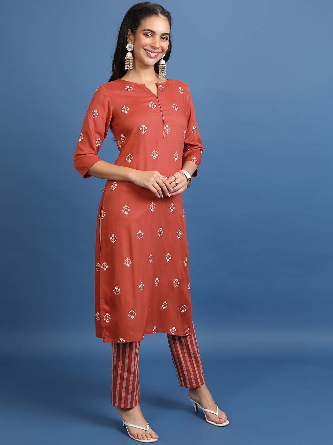 Rust Printed Kurta Trouser Set