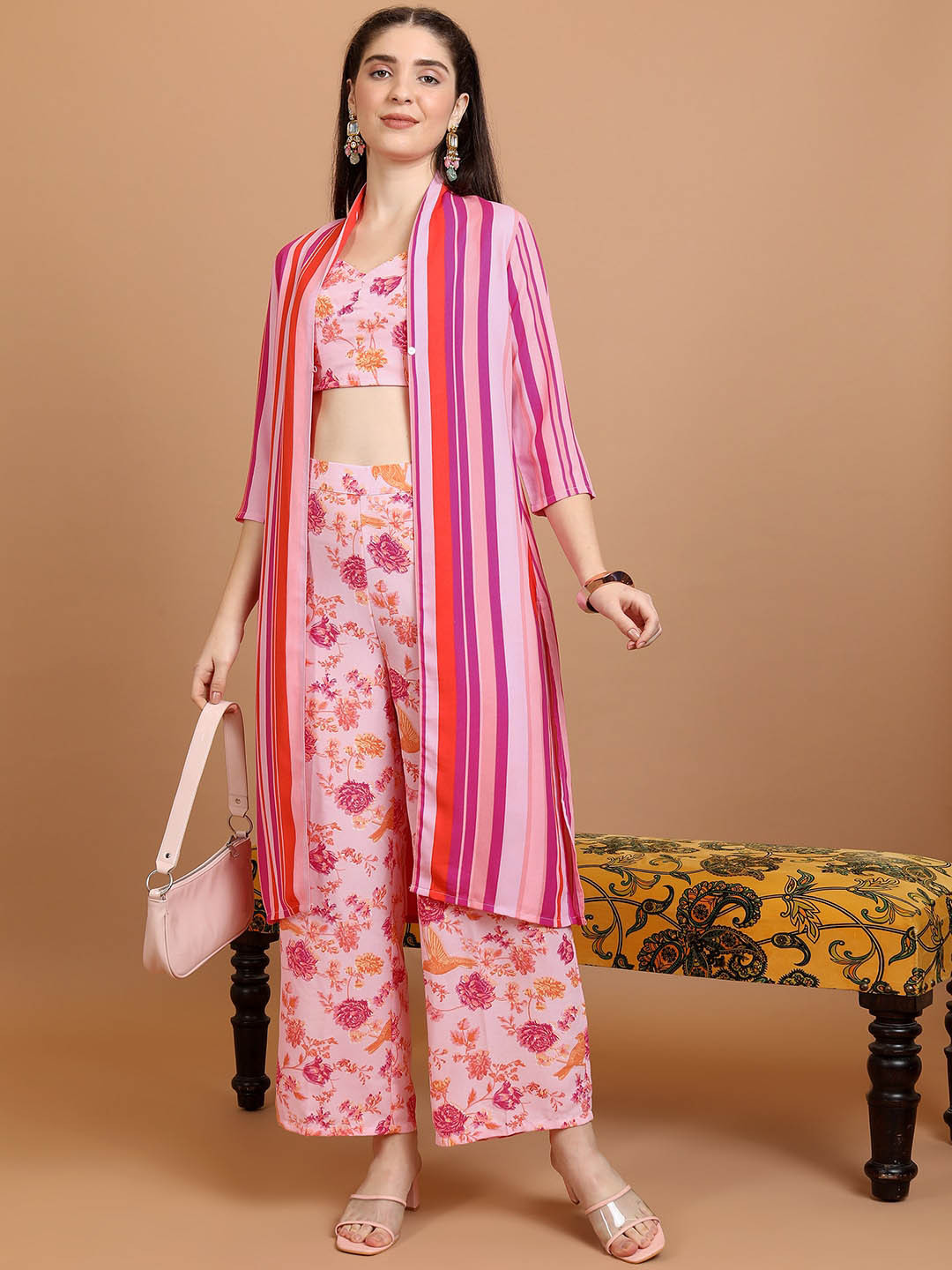 Women Pink & Beige Printed Top With Palazzos Co-ords Set