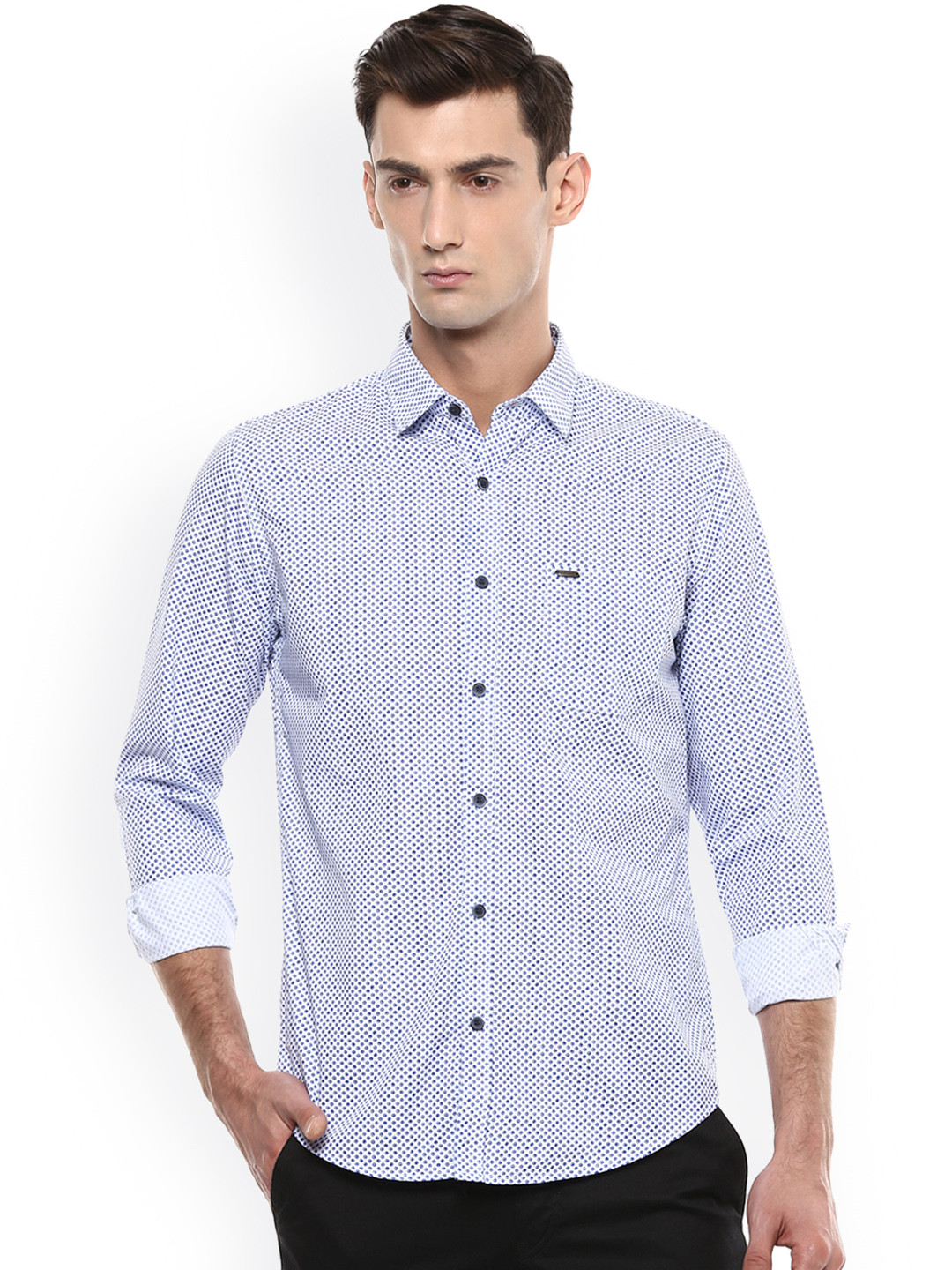 Buy Peter England Casuals Men White & Blue Slim Fit Printed Casual