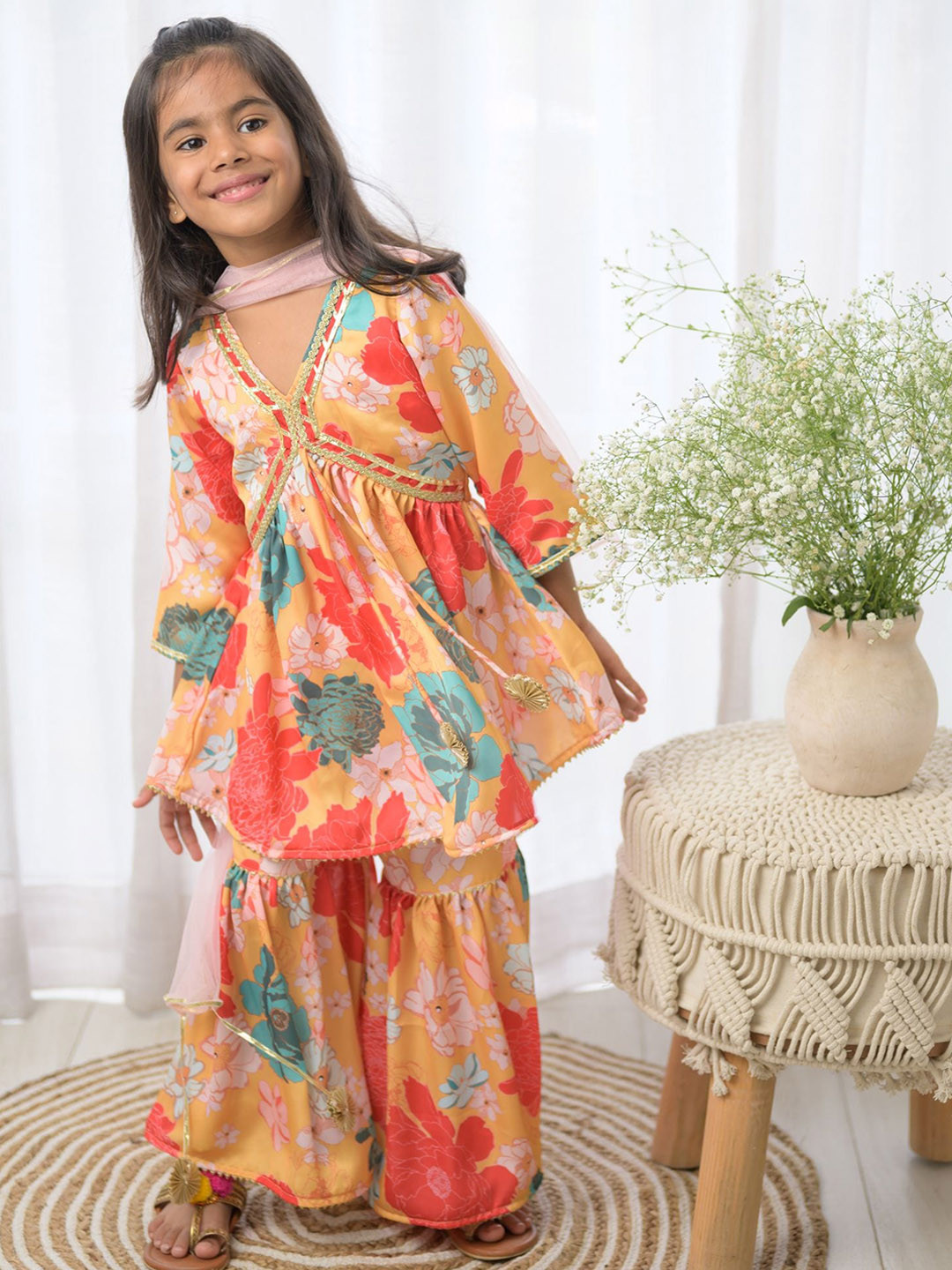 Girls Yellow Floral Printed Pleated Pure Cotton Kurta With Sharara With Dupatta