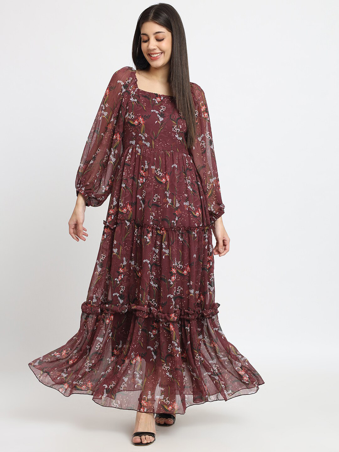 Buy ISAM Floral Printed Puff Sleeve Ruffled Chiffon Tiered Maxi Dress ...