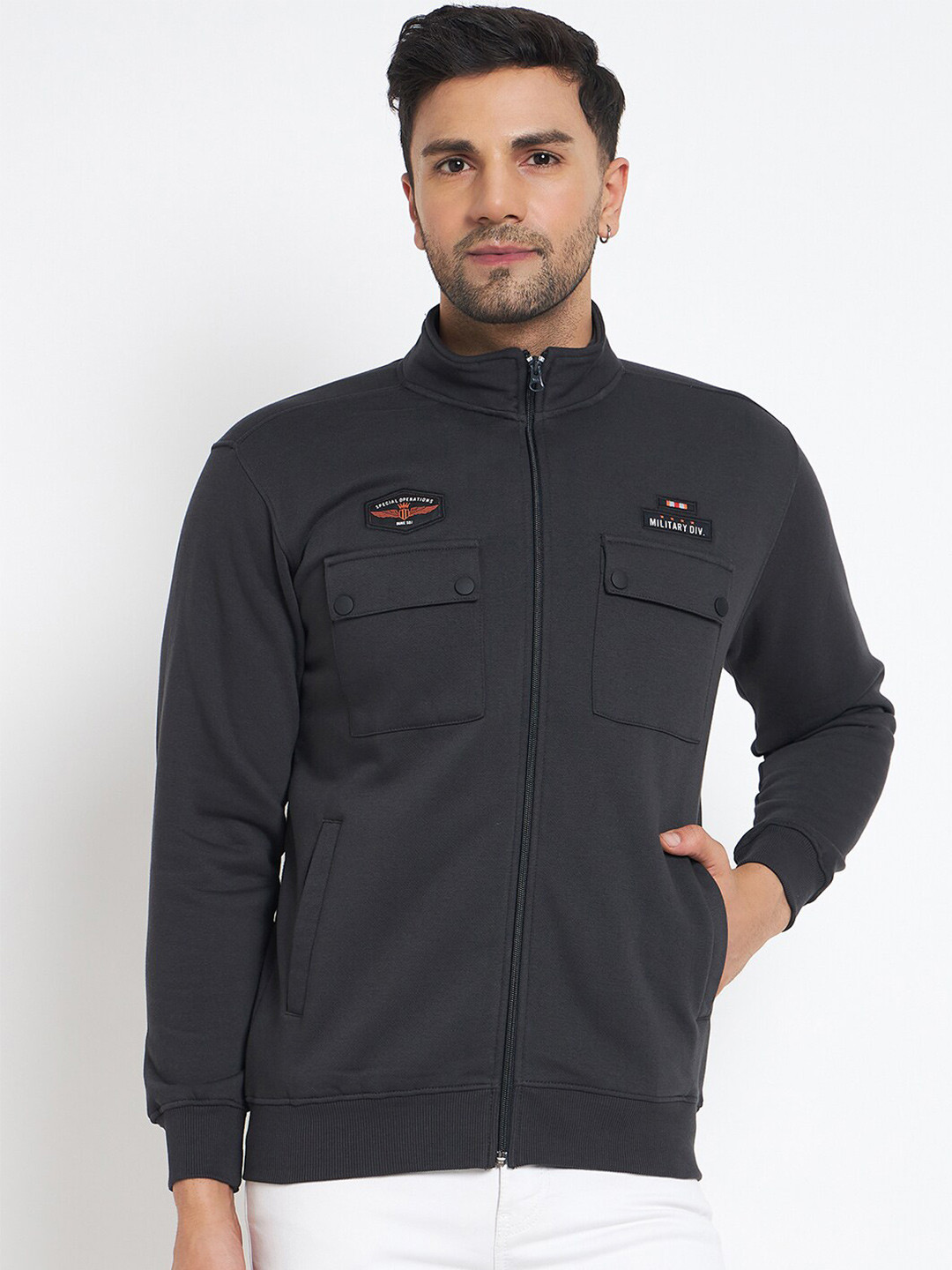 Men's Mock Collar Khaki Solid Bomber Jacket