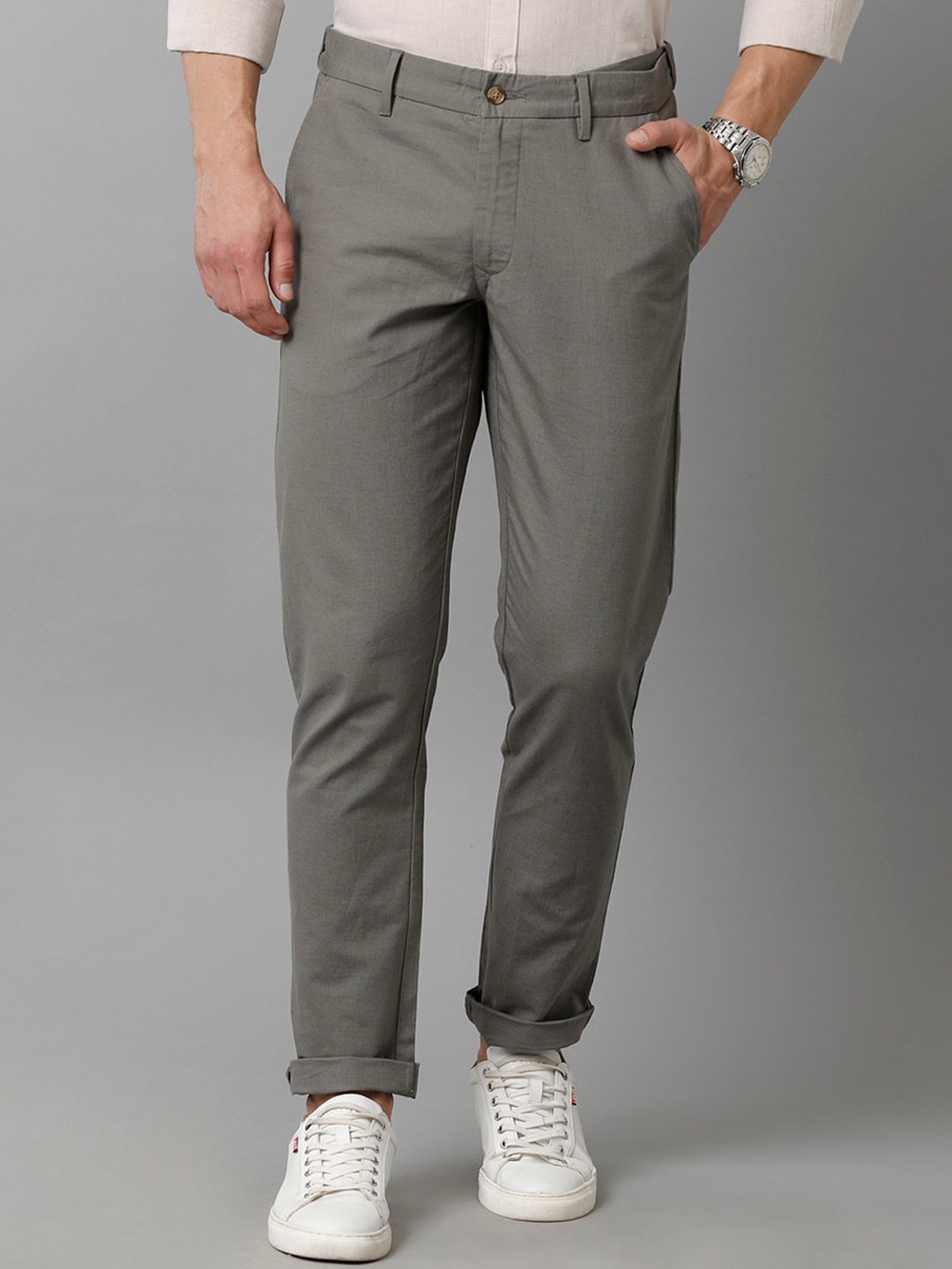 Buy CAVALLO By Linen Club Men Grey Comfort Slim Fit Easy Wash Trousers ...