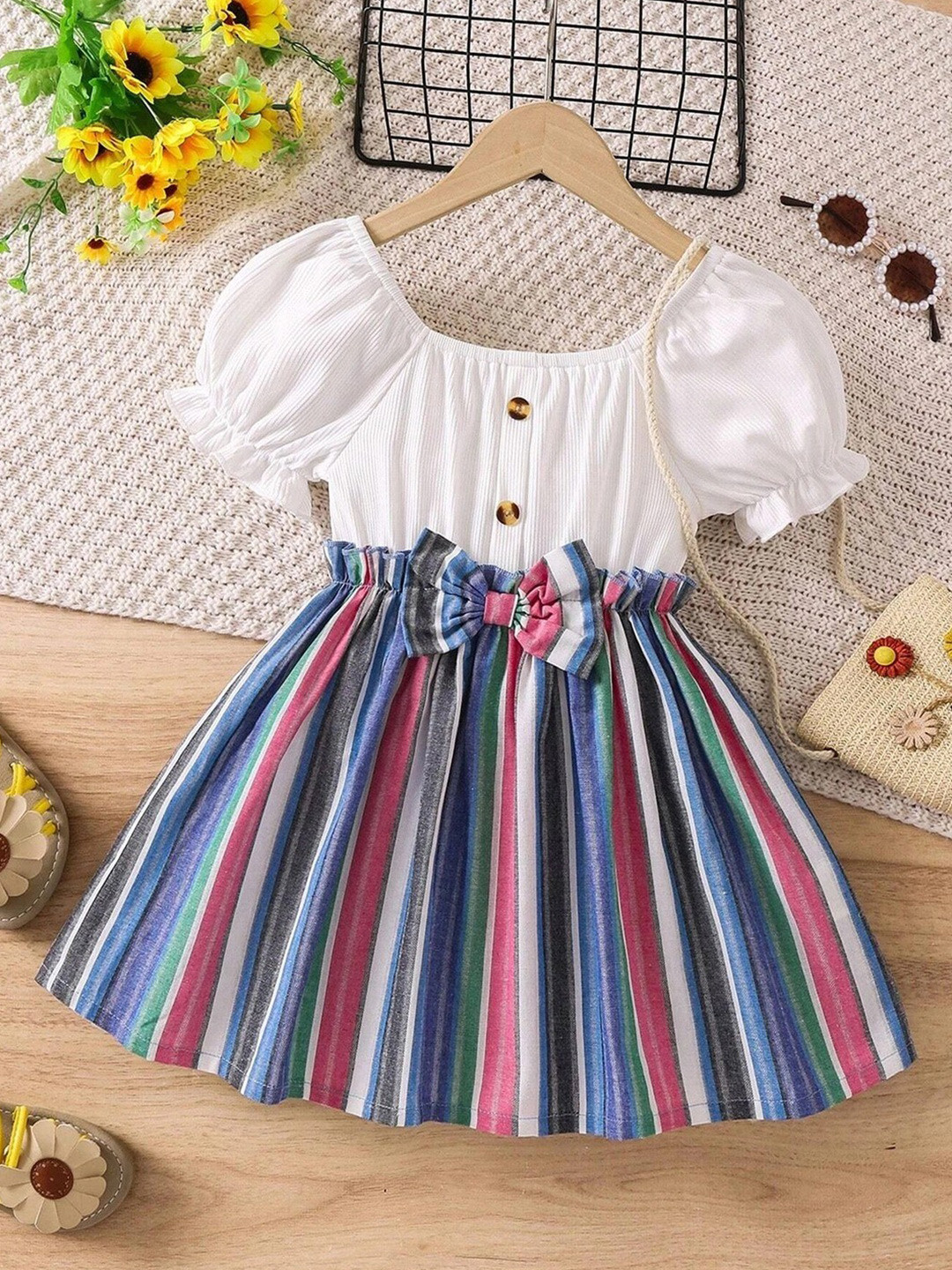 Girls Blue Striped Fit And Flare Dress