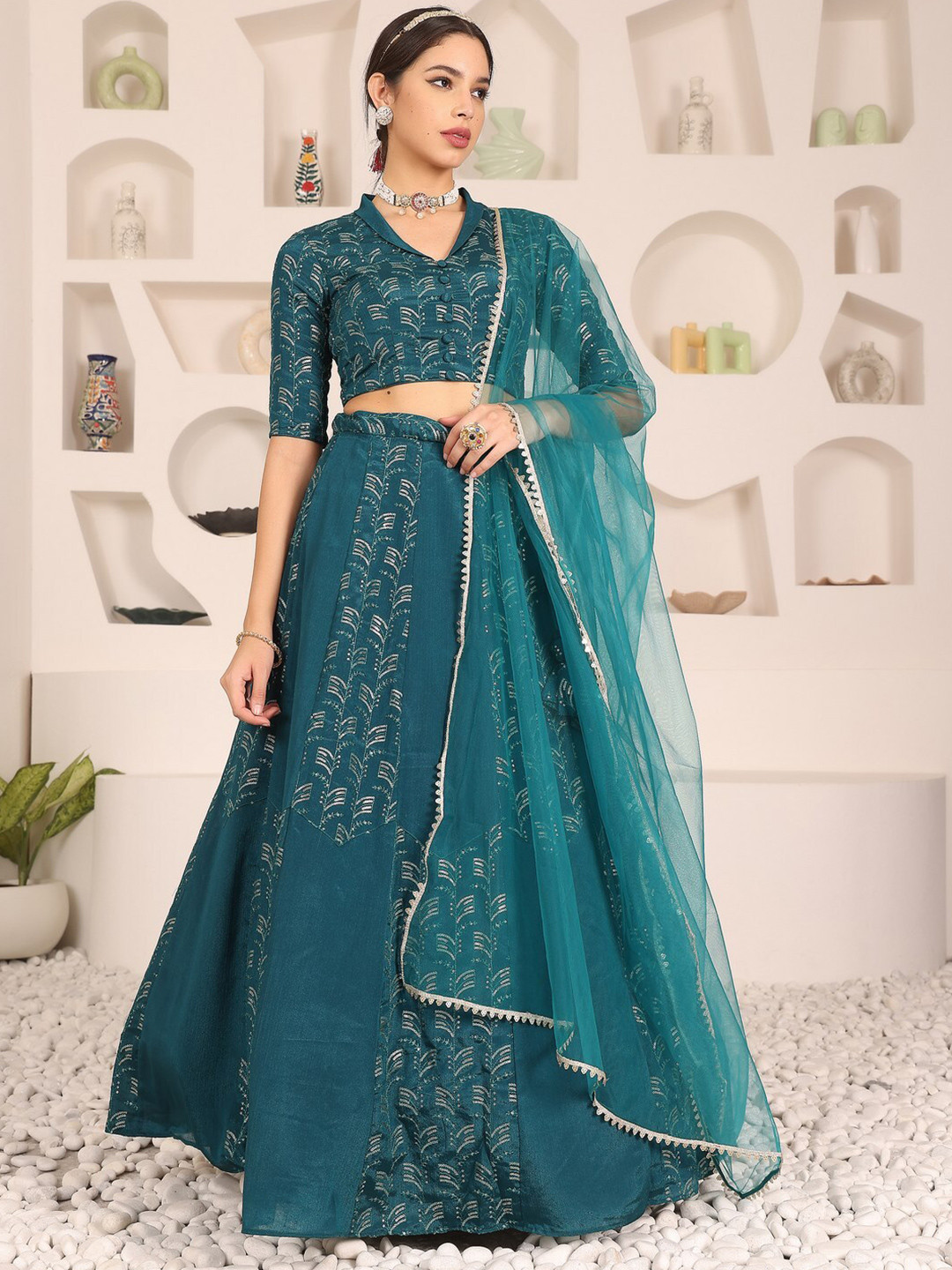 Ethnic Design Embossed Sleeveless Flared Lehenga Choli Set with Dupatta
