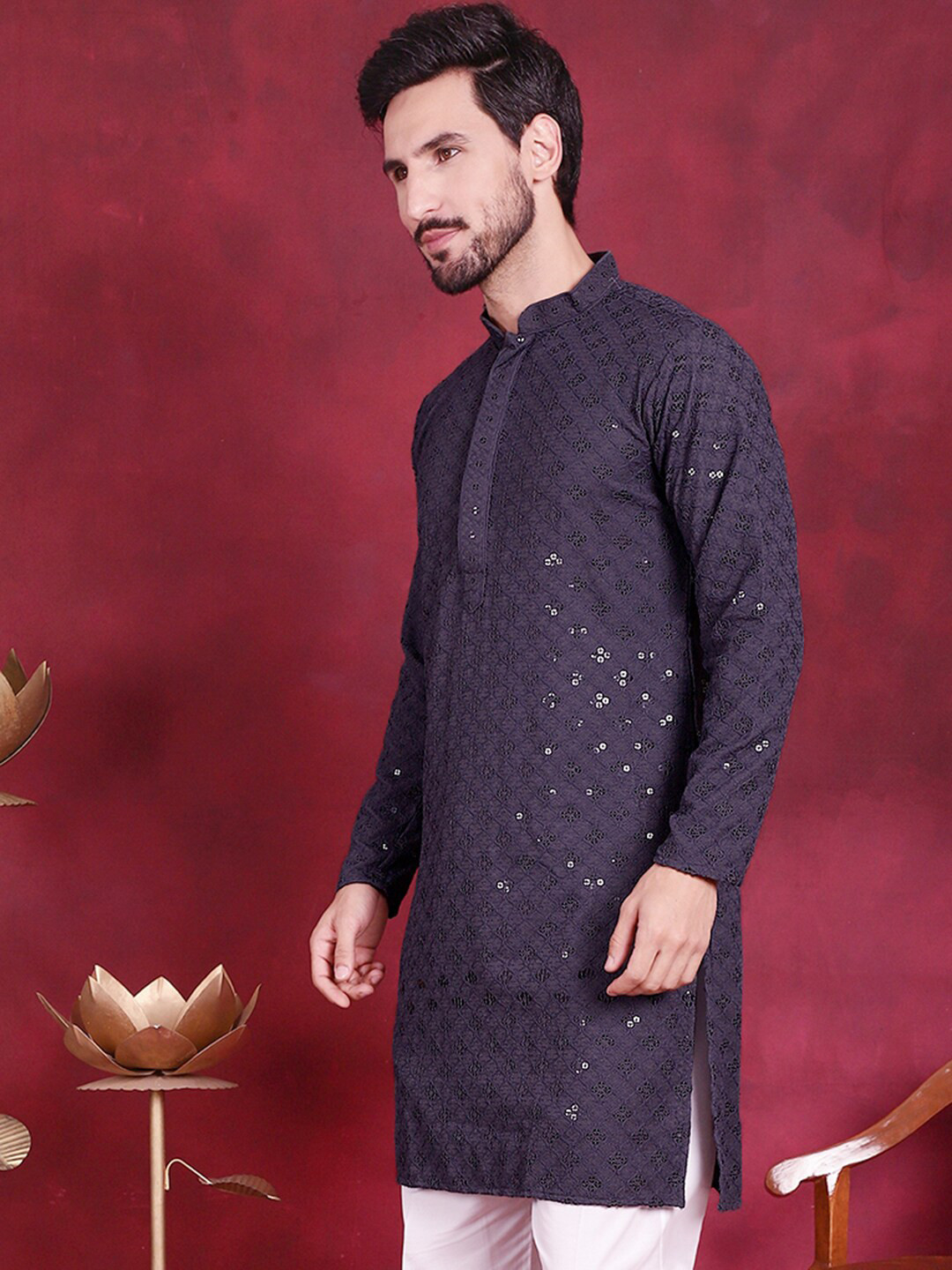 Men Olive Green Embroidered Sequinned Kurta With Churidar