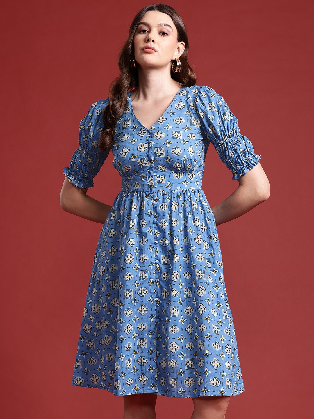 Buy All About You Pure Cotton Floral Print Puff Sleeve A Line Mini ...