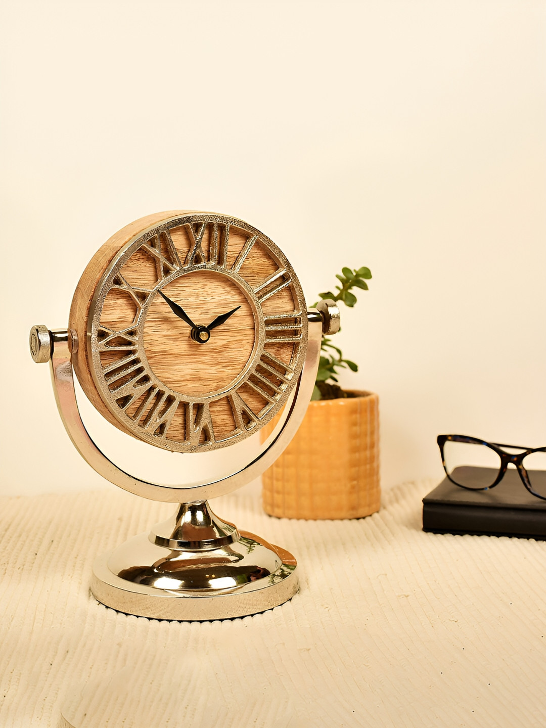 Buy Manor House Silver Toned & Brown Round Contemporary Table Clock ...