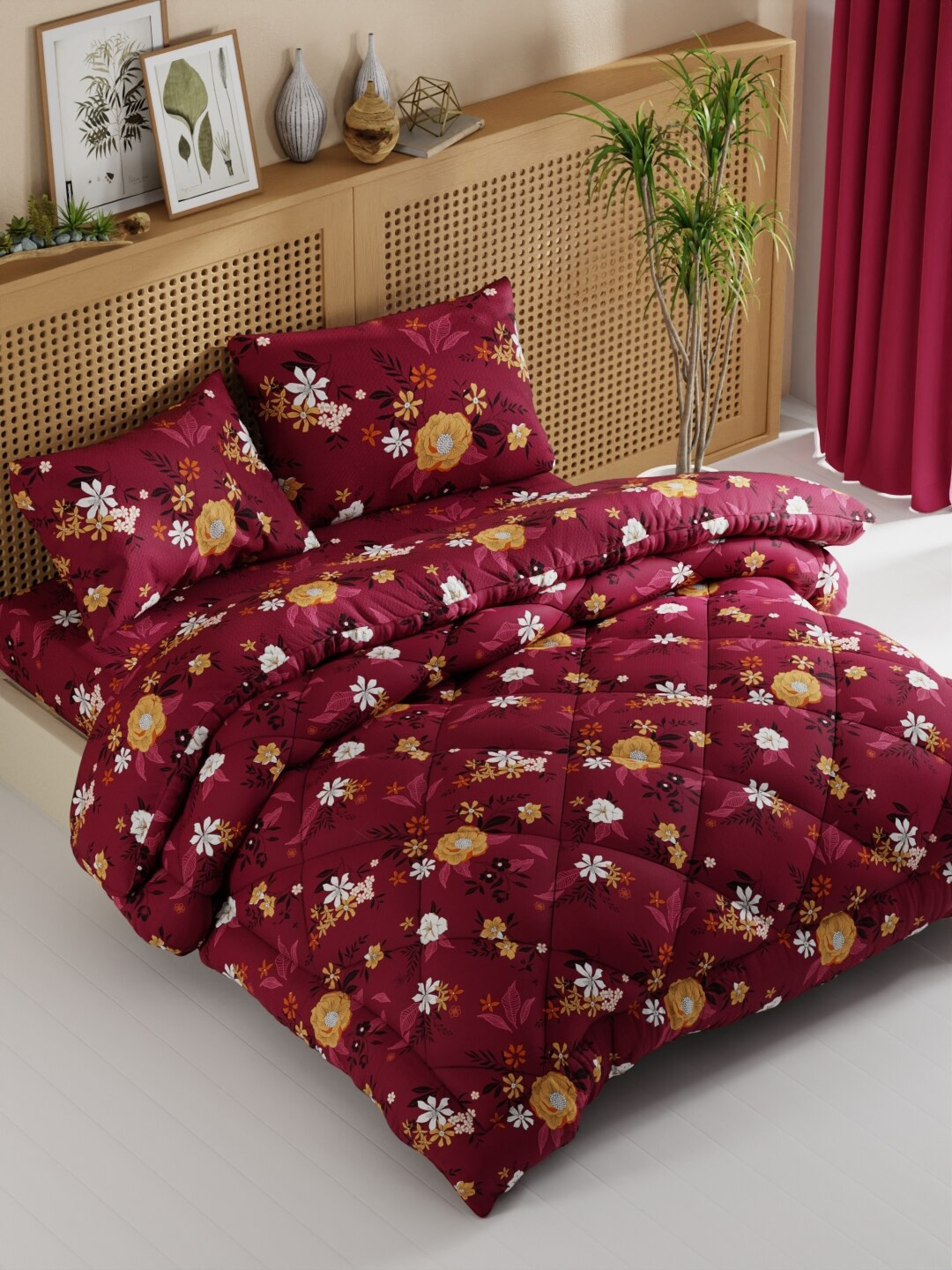 Buy KOPA Red & White Floral Cotton Fine Double King Bedding Set