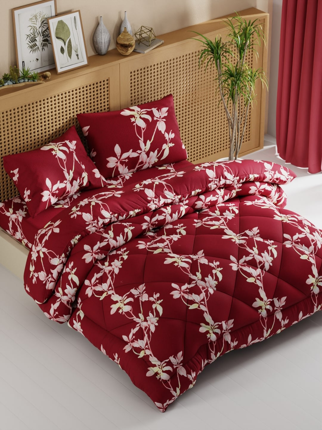 Buy KOPA Red & White Floral Cotton Fine Double King Bedding Set ...